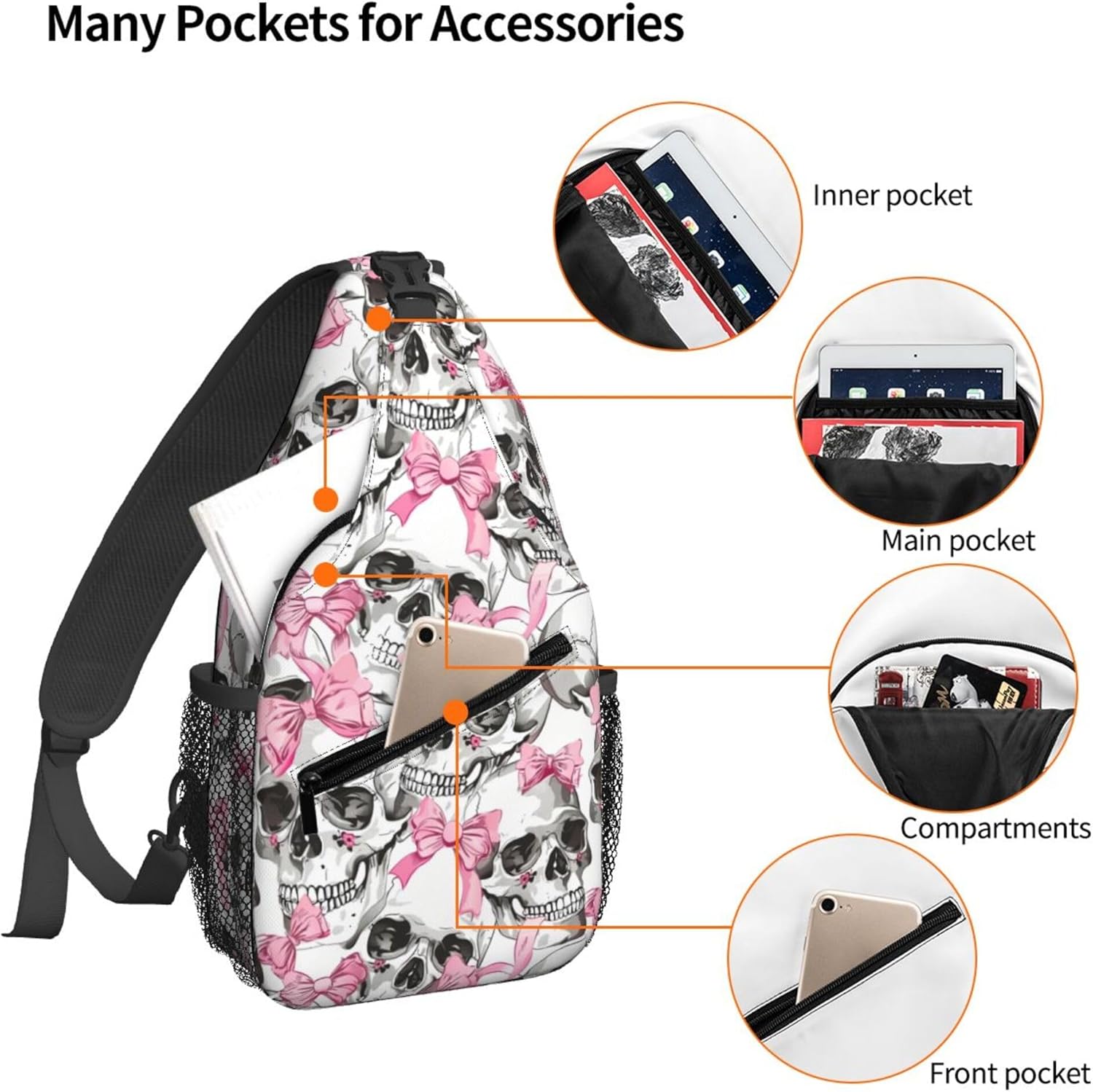Famame Sugar Skull Skeleton Flower Pink Sling Backpack Chest Bag Crossbody Shoulder Bag Gym Cycling Travel Hiking Daypack For Men Women, Multicolor - Image 4
