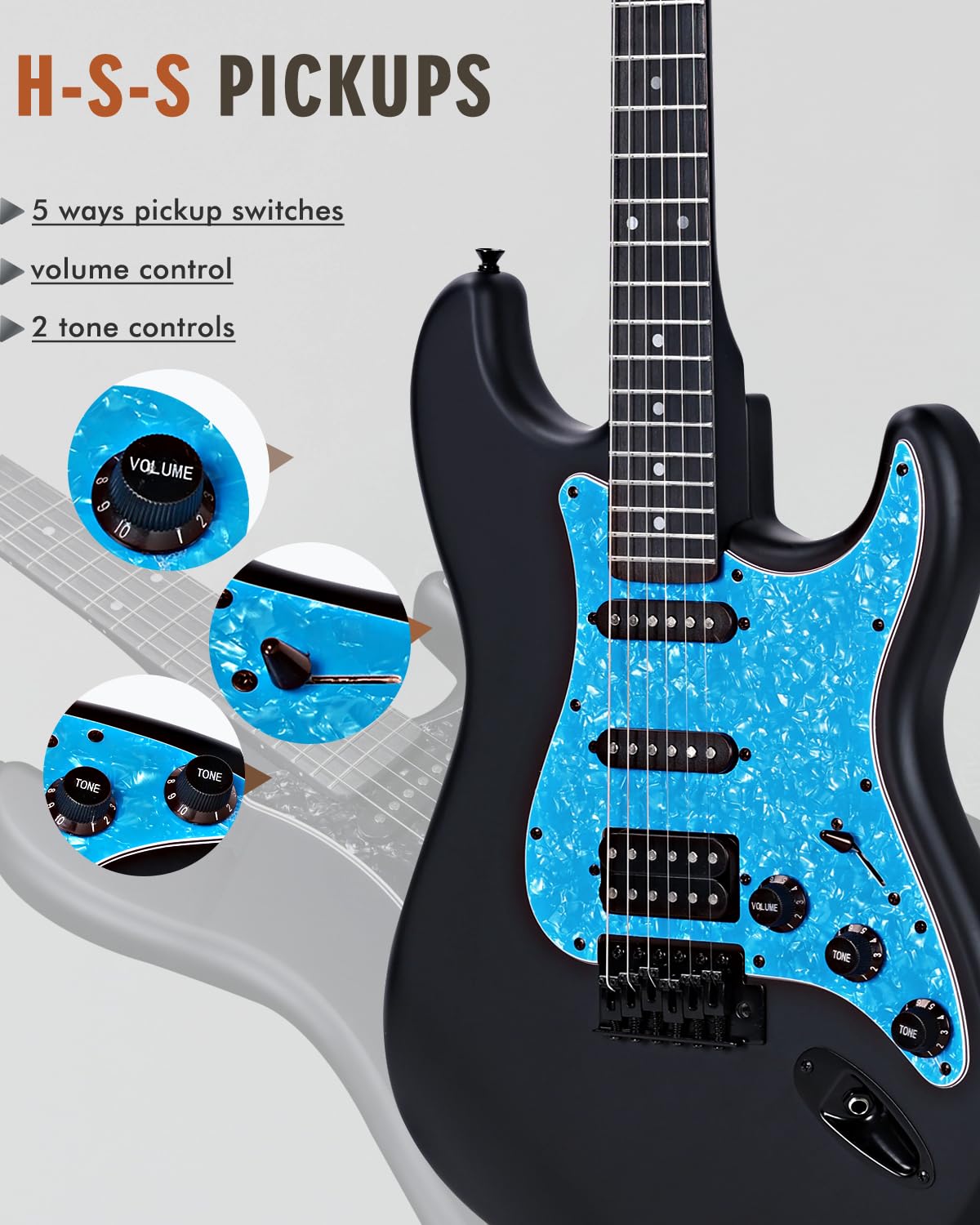 Winzz Erwachsene E-Gitarre 4/4 Größe, ST HSS Tonabnehmer, für Anfänger Starter Paket mit 12 Zubehör, Ideal Kinder E-Gitarre Kit 12+ Jahre (39" Matte Schwarz, Blau Schlagbrett)