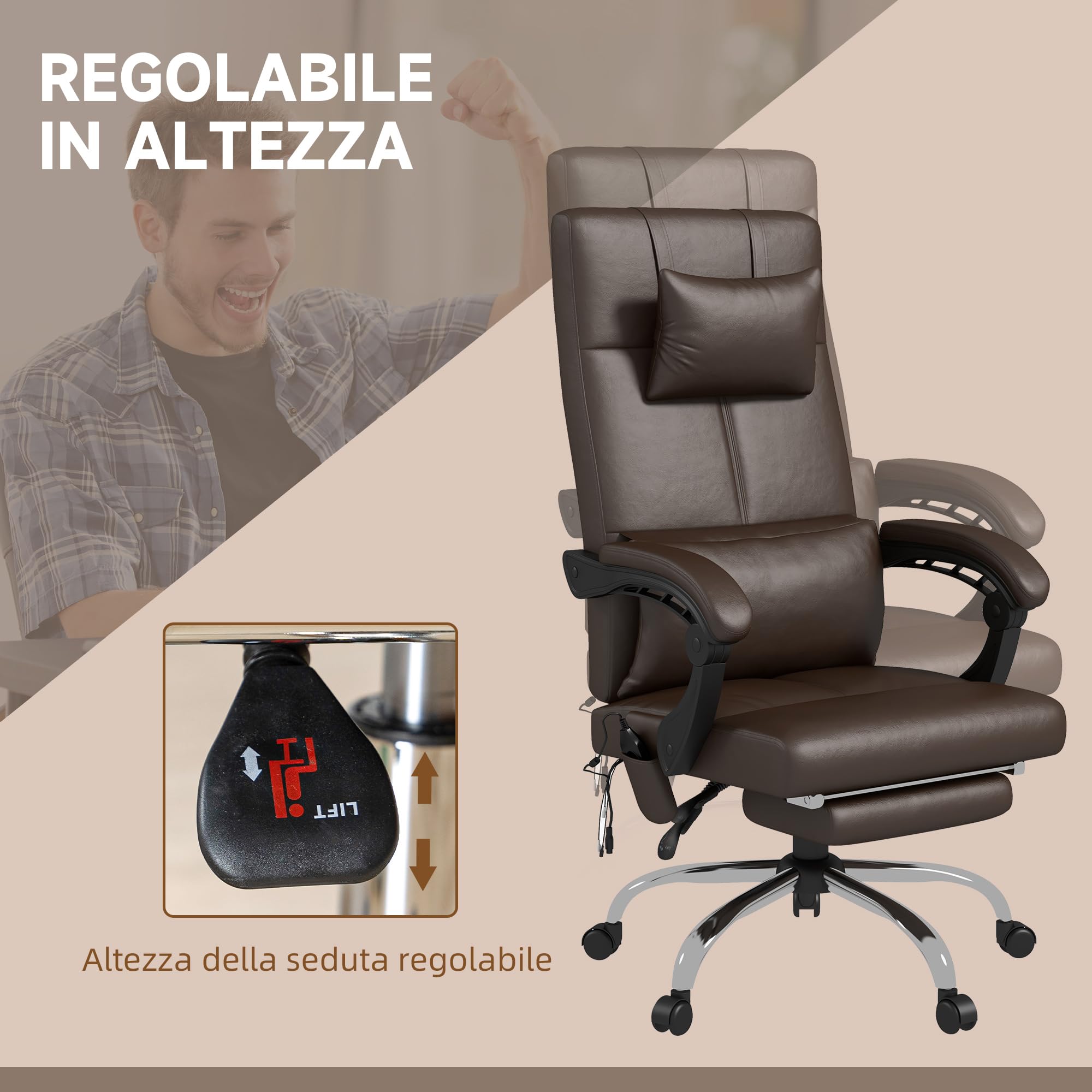 Vinsetto Sedia Massaggiante ad Altezza Regolabile con Poggiapiedi e Telecomando, Sedia da Scrivania in Finta Pelle, 66x67x114-122 cm, Marrone Scuro