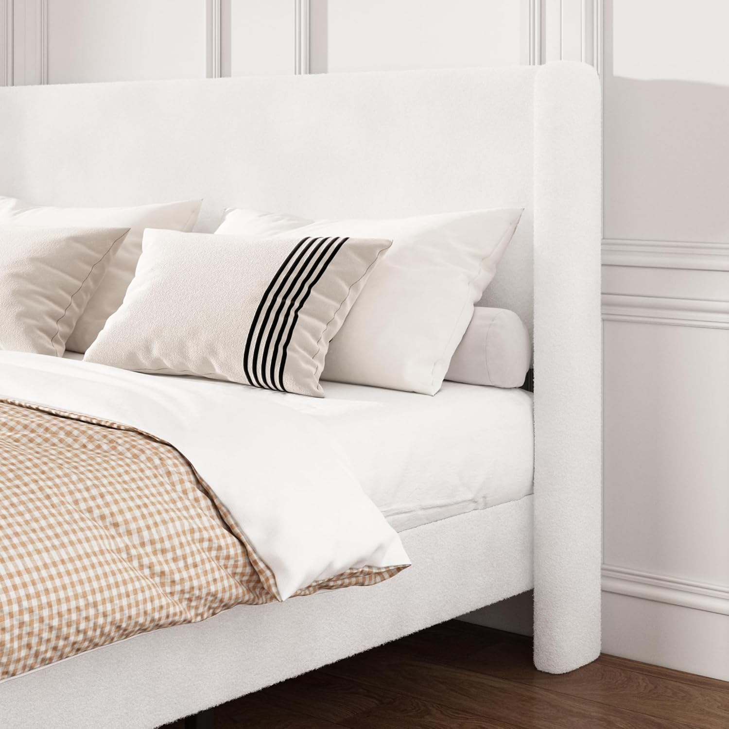 Queen Boucle Bed Frame, Platform Bed with Upholstered Wingback Headboard, Strong Wooden Slats Support, Noise-Free, Easy Assembly, No Box Spring Needed, White