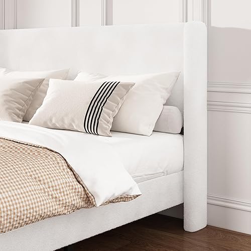 Miniatura 4 de Marco de cama Full Boucle, cama de plataforma con cabecera tapizada con respaldo de ala, fuerte soporte de listones de madera, sin ruido, no