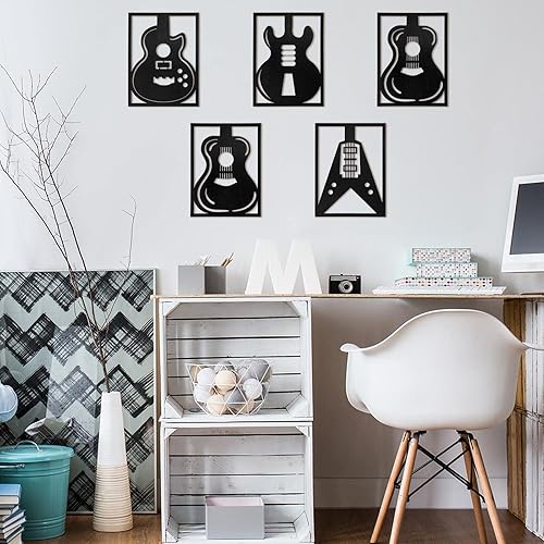 Miniatura 4 de Amyhill 5 piezas de arte de pared de música de madera, decoración de pared de guitarra moderna, decoración musical hueca para habitación, decoración