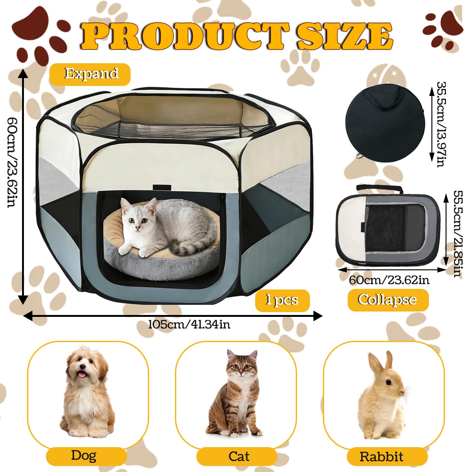 Parque para Perros 105 x 105 x 60 cm Plegable Corralito para Perros Portátil Jaula Perro Ideal para el Adiestramiento el Descanso y Las Salidas al Aire Libre de Cachorros Gatos y Conejos