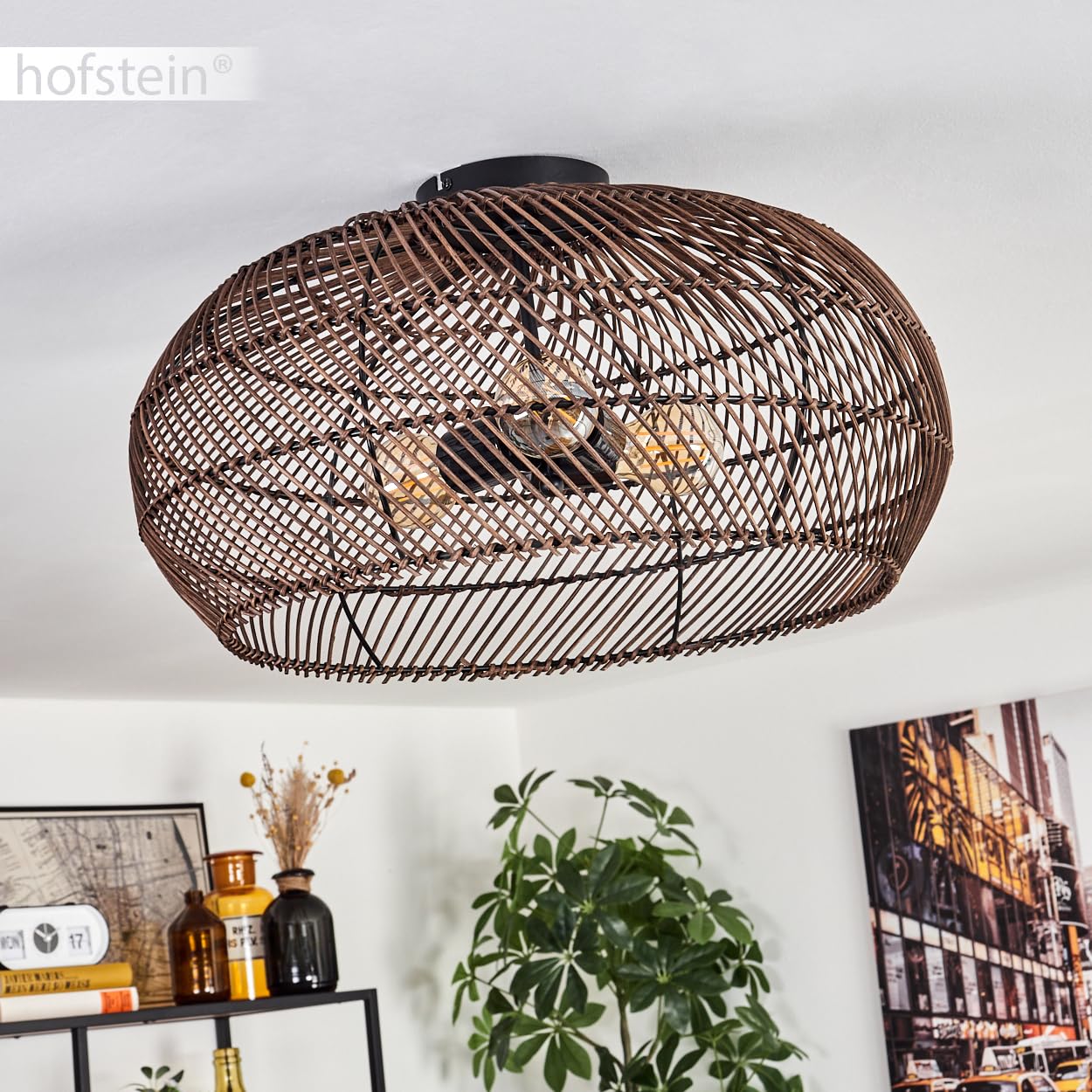 Plafoniera Brandala, lampada da soffitto moderna in metallo/rattan nero/marrone scuro, stile boho con un fantastico effetto luminoso sul soffitto, Ø 50 cm, 3 luci, x E27, senza lampadine