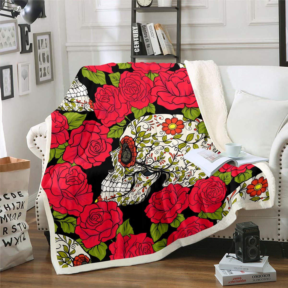 Loussiesd Rose Skull Fleece Blanket Sugar Skull Pattern Fuzzy Blanket for Chair Sofa Couch Red Rose Floral Flowers Sherpa Blanket Skeleton Design Plush Throw Blanket Bedroom Decor Single 50"x60"