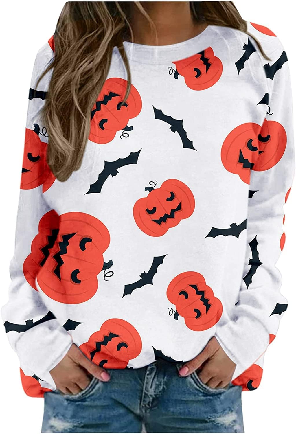 Halloween Pumpkin Sweatshirt Crewneck Pullover - Animal Cat Bat Print Casual Loose Long Sleeve Tops Shirts
