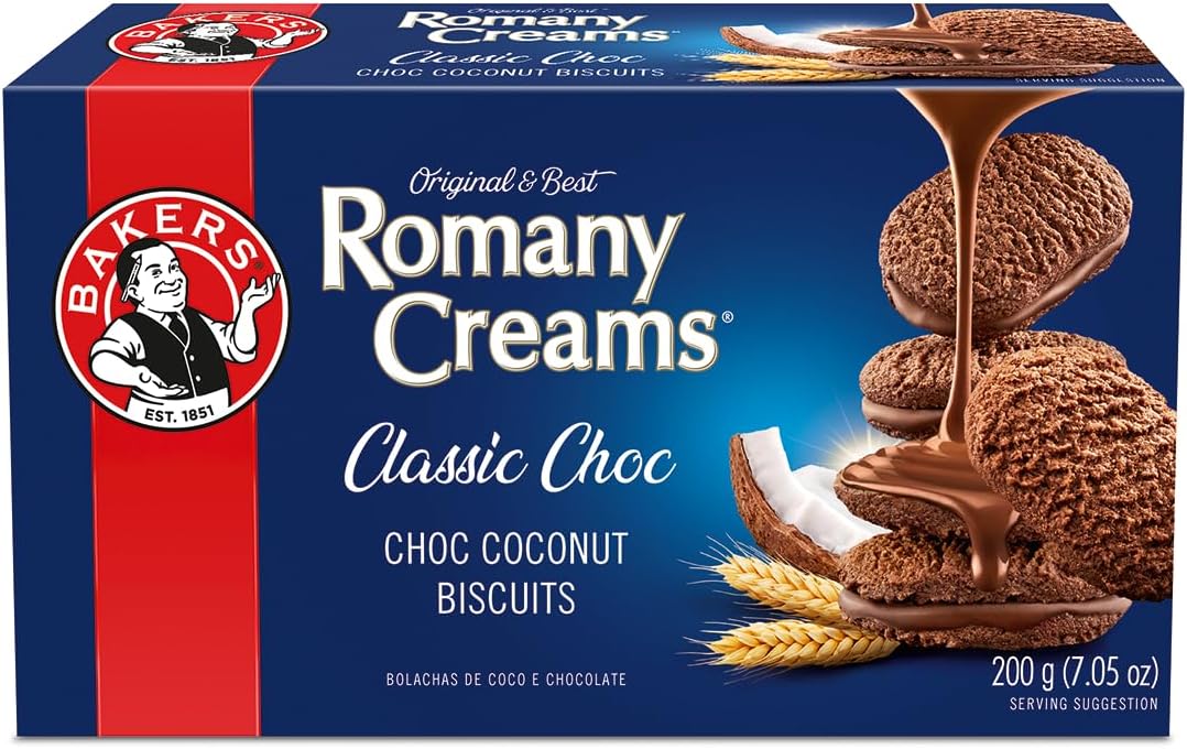 Bakers Romany Creams Chocolate Biscuits 200g (7oz) | Crunchy Coconut Chocolate Cookies | South African Snack | 1 Pack | Halal & Kosher