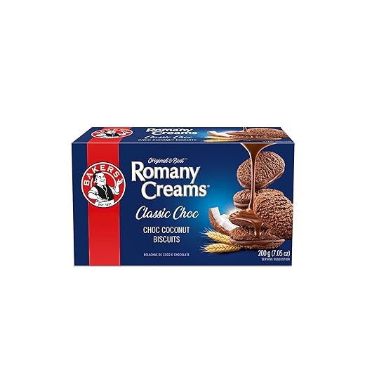 Bakers Romany Creams Chocolate Biscuits 200g (7oz) | Crunchy Coconut Chocolate Cookies | South African Snack | 1 Pack | Halal & Kosher