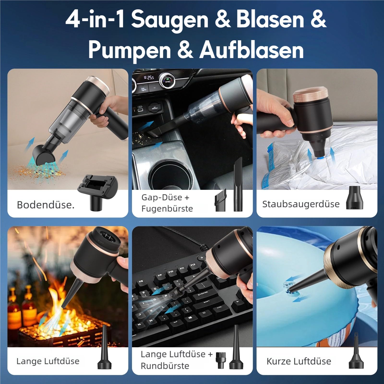 Handstaubsauger Mini, 5000mAh Akku USB-C, 380g leicht, 7 Aufsätze, 60dB leise, für Auto & Zuhause, mit Metallfilter + HEPA-Filter