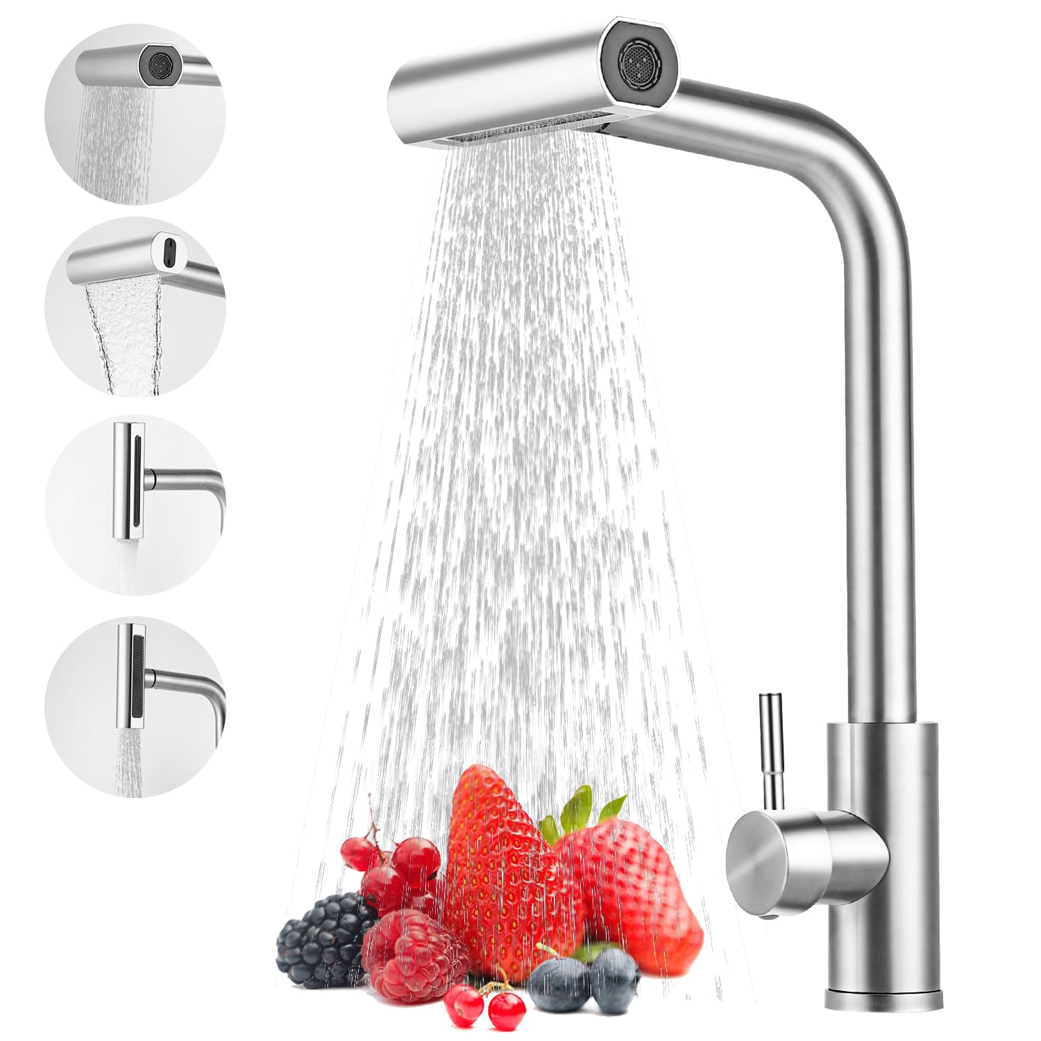 Robinet Cuisine avec Douchette – Mitigeur de Cuisine Inox Rotatif 360° avec 4 Modes de Pulvérisation, Robinet de Cuisine avec Douchette Extractible pour Évier
