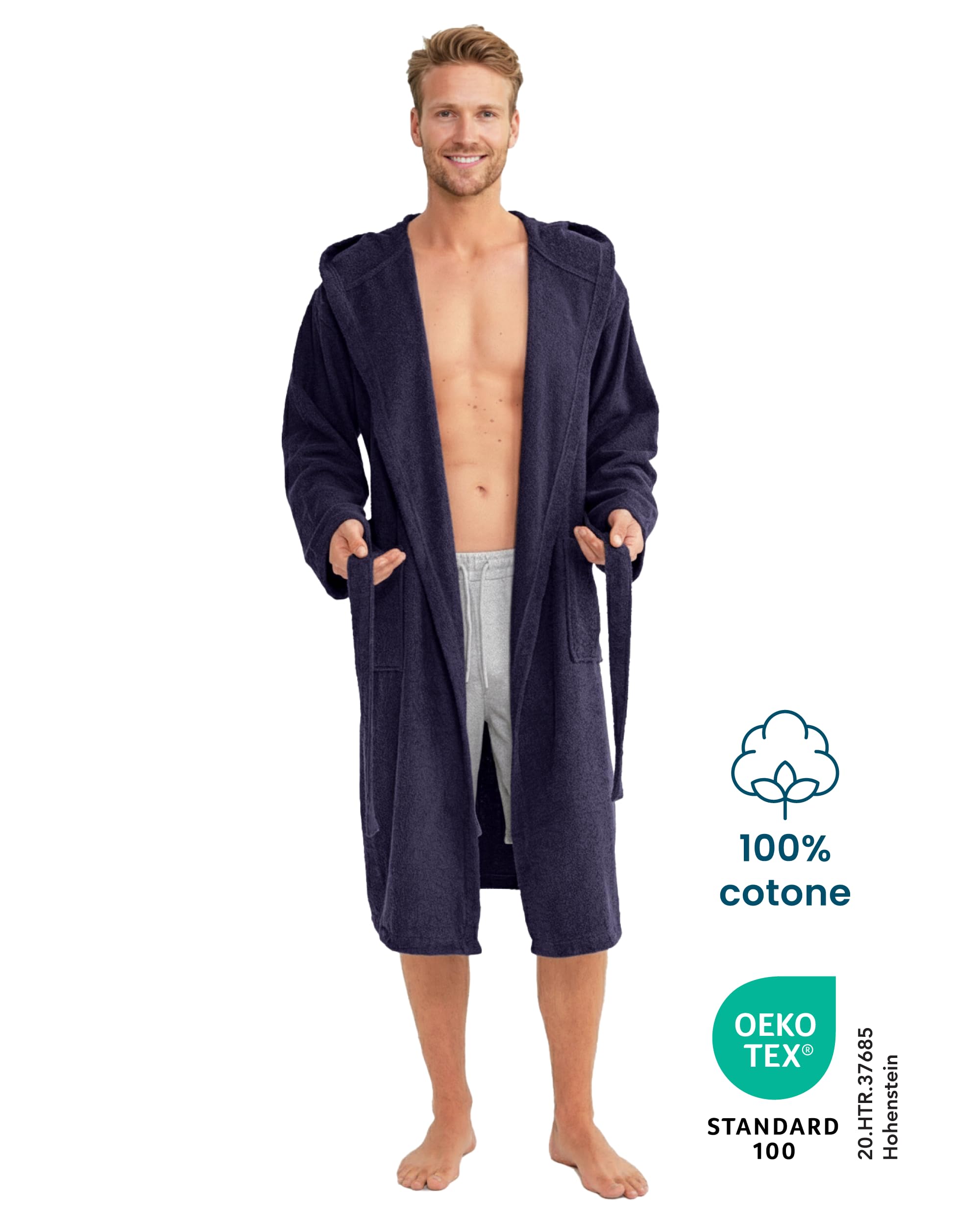 Twinzen Accappatoio Uomo Spugna con Cappuccio 100% Cotone - Morbido, Assorbente, Certificato Oeko-Tex