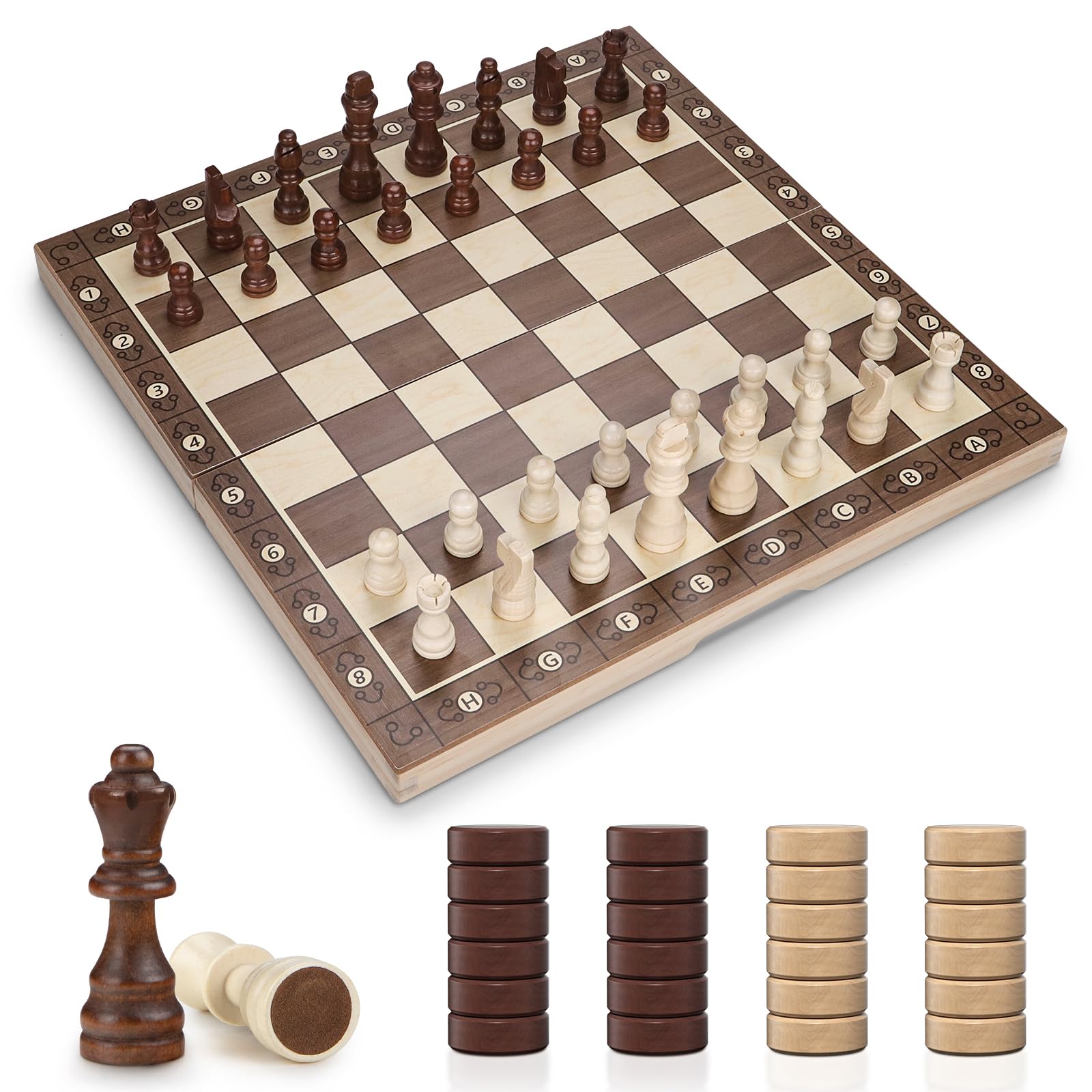 GGIE Chess Set, 15'' Wooden Chess Board with Wooden Staunton Pieces & 2 Extra Queen, 2IN1 Chess and Checkers Board Game, Folding Travel Chess Set for Adults Kids