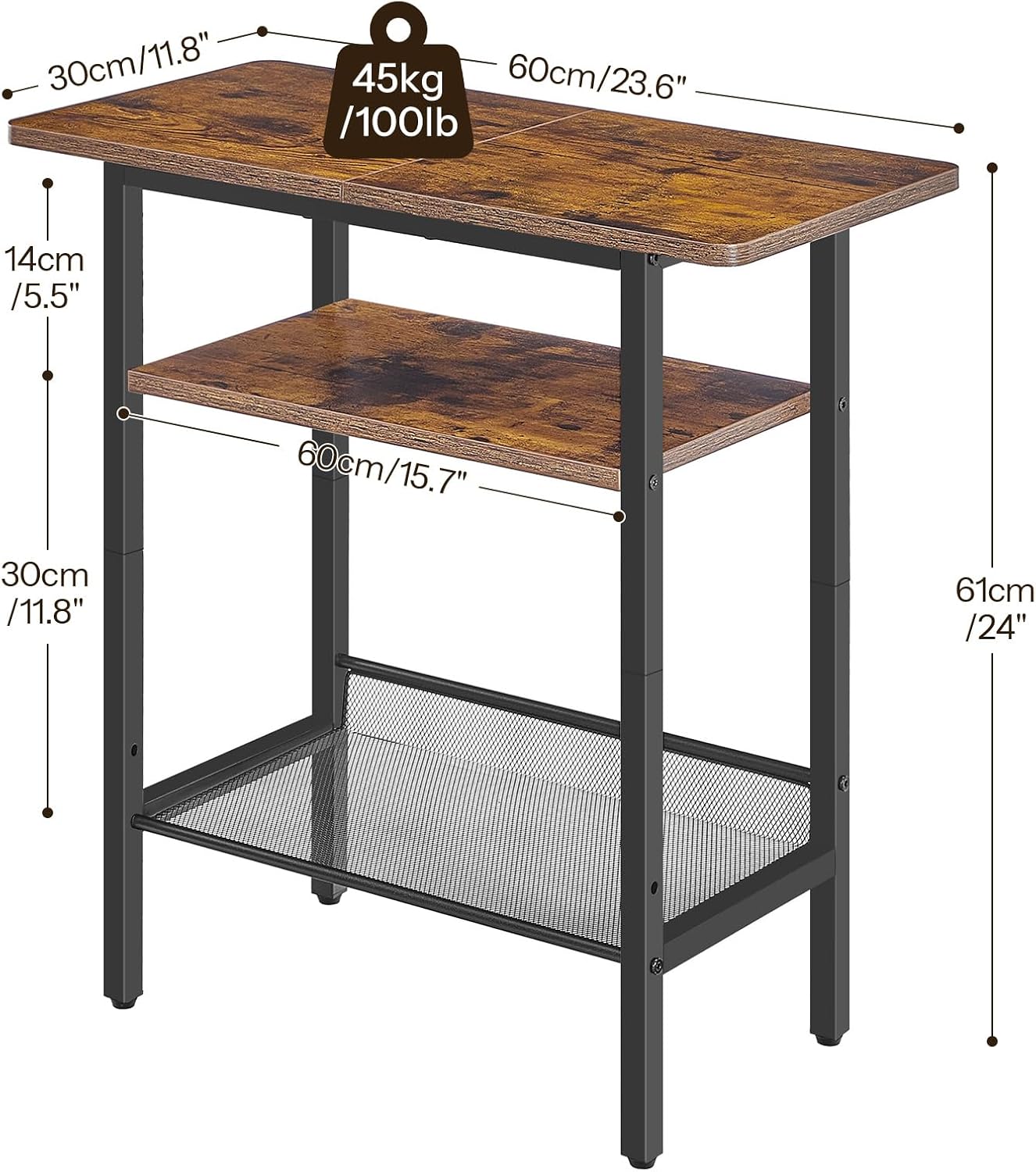 HOOBRO Side Table, Narrow End Table with Shelf and Wide Storage Tabletop, 3-Tier Bedside Tables for Small Spaces for Living Room, Bedroom, Study, Rustic Brown and Black BF366BZ01
