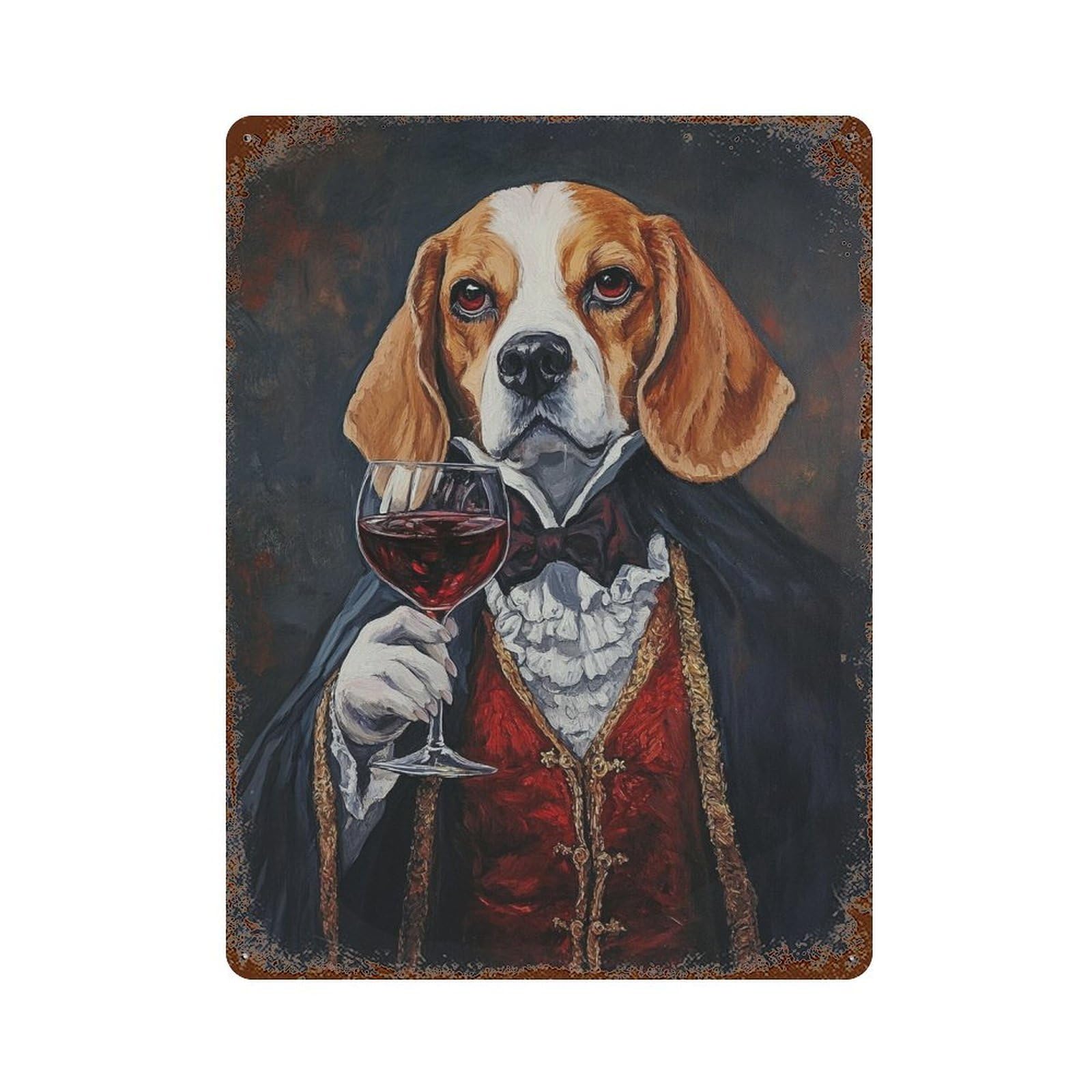 Rust Effect Regal Beagle with Red Wine Glass Decorative Tin Sign 15.7"x11.8", Classic Wall Plaque for Pub, Kitchen And Man Cave Decor