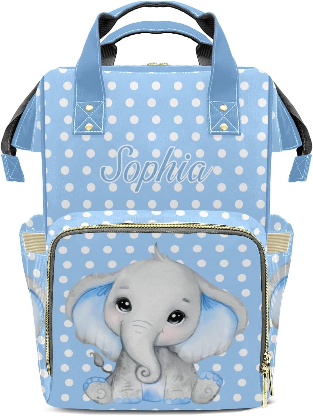 Elephant Polka Dot Blue Diaper Backpack with Name Custom Backpack Mommy Nappy Baby Bag Waterproof Casual Travel Daypack Tote Bag for Mom Dad