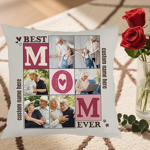 Miniatura 5 de Personalized Pillow Cover Featuring 6 Images and Personalized Text for Mom, Soft Cushion Ideal as a for Mothers Day Birthdays or Christmas