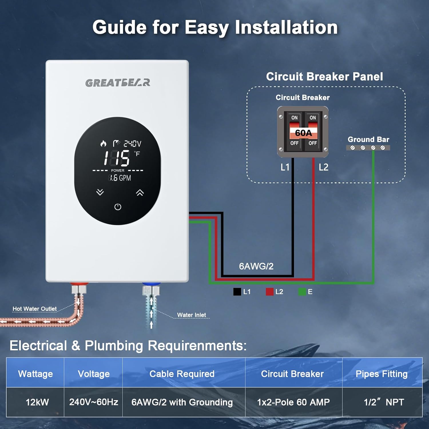 Electric Tankless Water Heater, GREATBEAR 12KW On Demand Water Heater Electric 240V, Point of Use Instant Hot Water Heater, With Self Modulating GT120W White