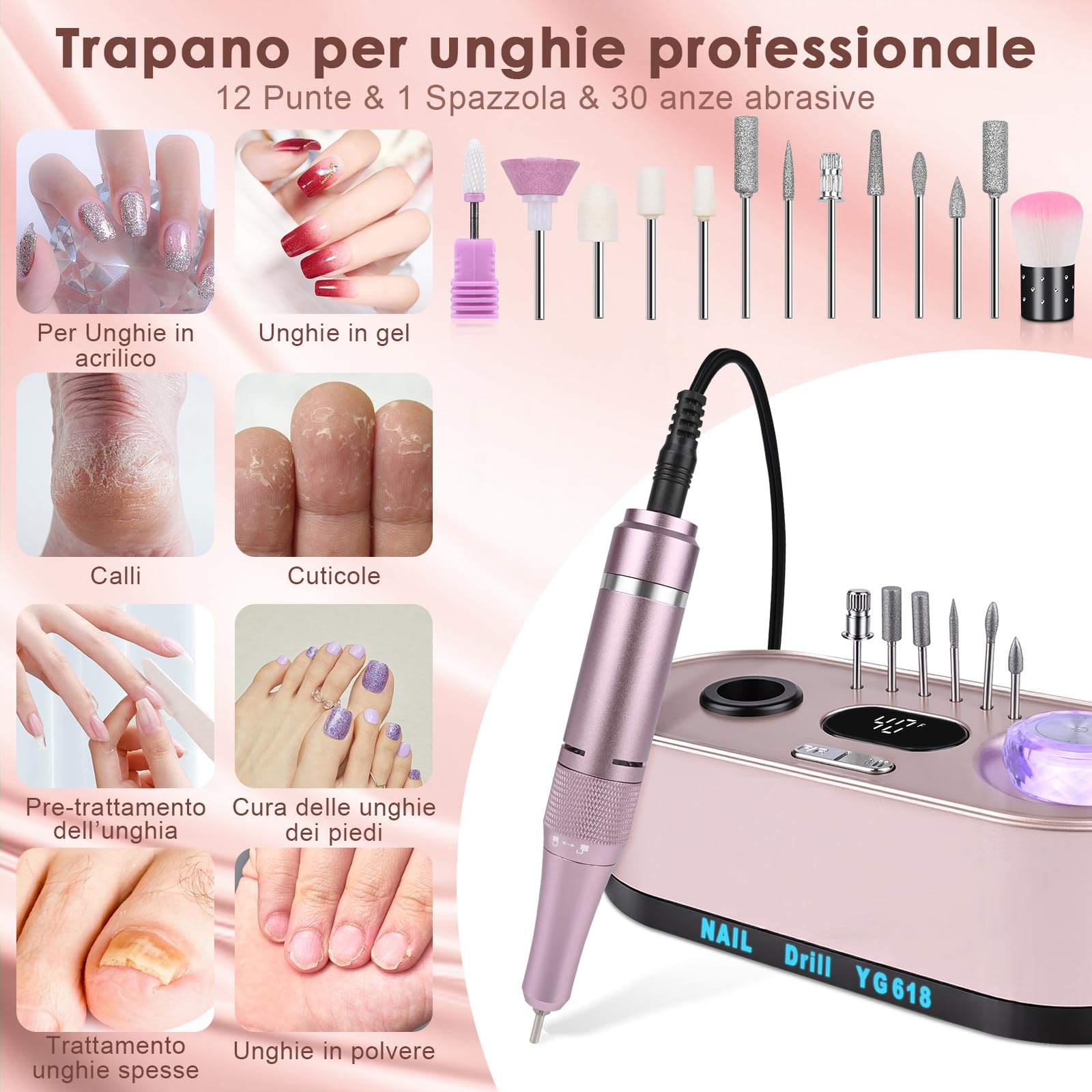 Fresa per unghie professionale 45000RPM,Fresa Per Unghie Con 12 Testine Di Levigatura,Display Lcd,Controllo Del Pulsante Illuminato,Silenzioso,Limetta portatile per gel acrilico