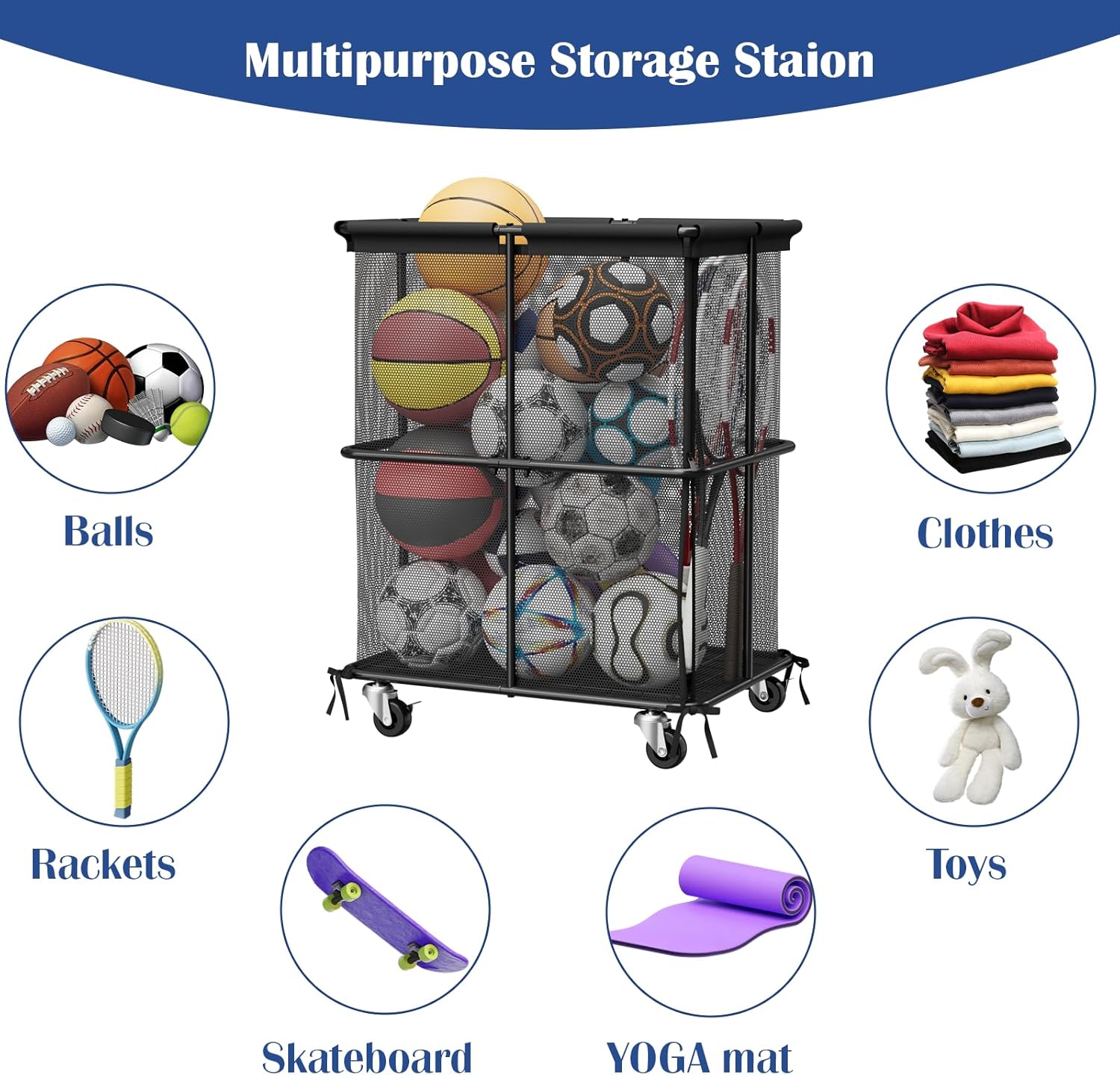Outdoor Ball Storage Rolling Storage Cart with Wheels Sports Equipment Organizer for Garage Save and Storage for Indoor & Outdoor Use, Clothes, Toys, Sports Gear, Black