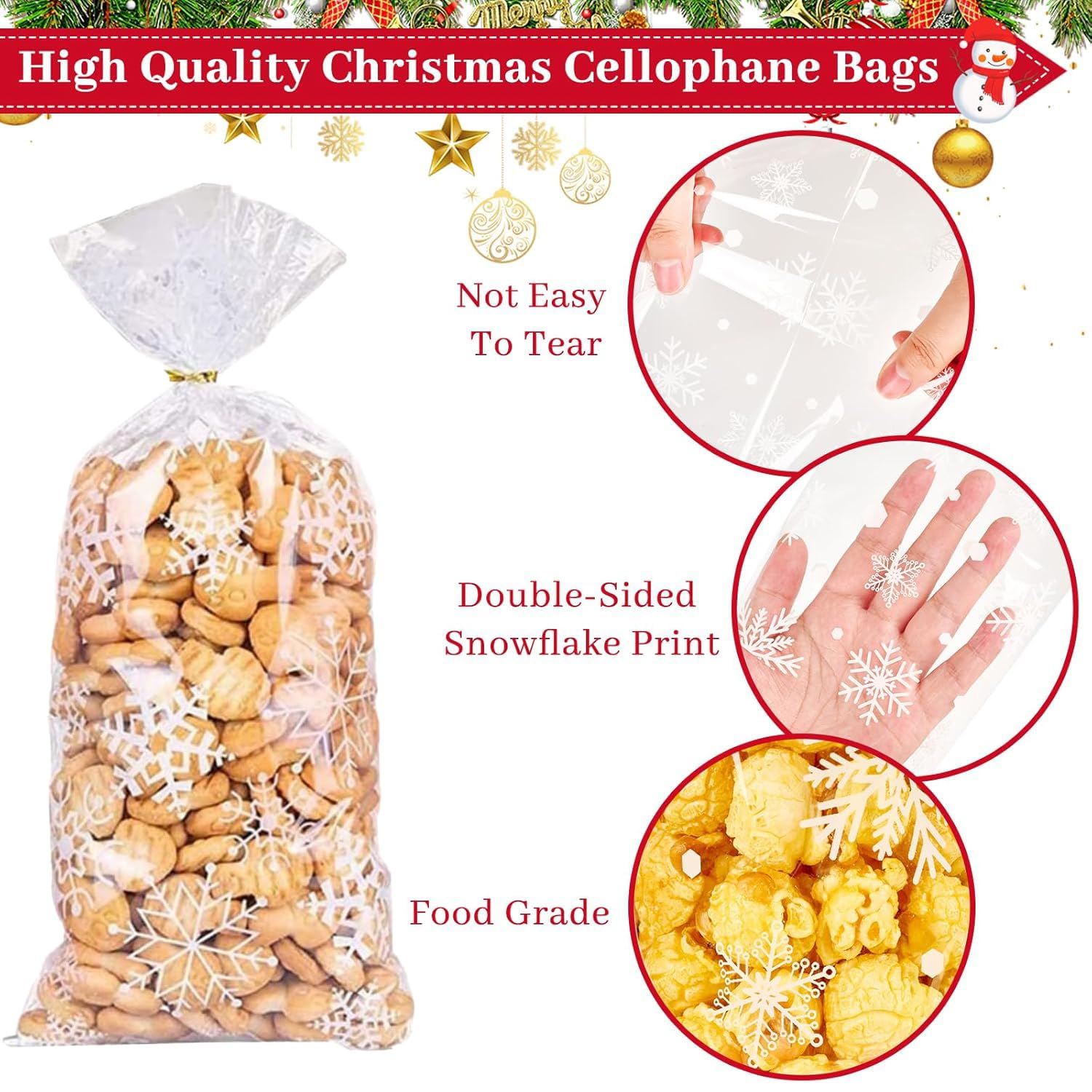 100 Sacs En Cellophane Flocon De Neige - 13x27 Cm Avec Attaches Torsadées - Pour Bonbons, Biscuits, Cadeaux De Noël