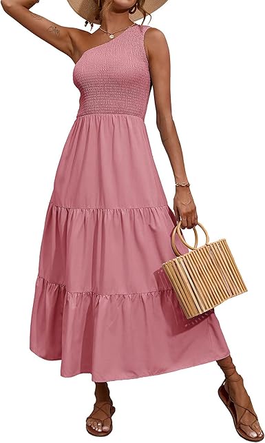 BTFBM Women One Shoulder Sleeveless Casual Summer Dresses 2023 Smocked High Waist Floral Flowy Beach Boho Maxi Dress