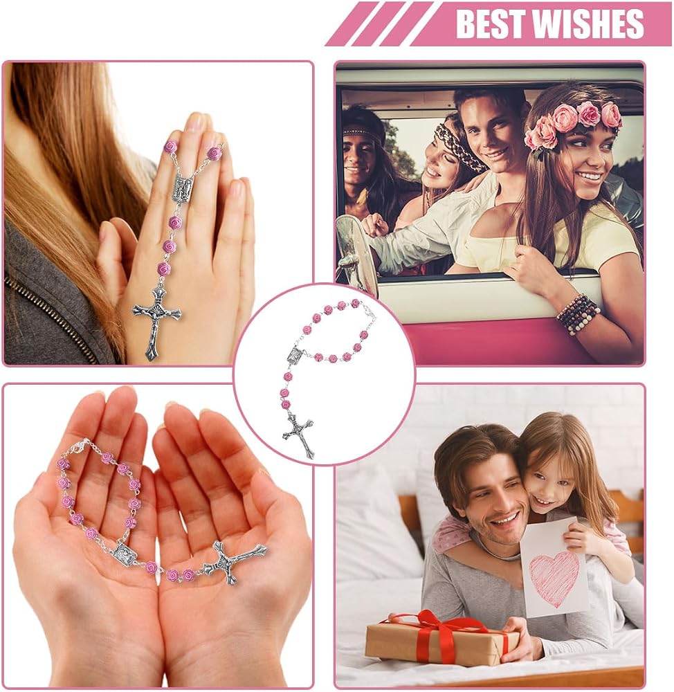 2PCS Pink Rosary Pendant Car Interior Rear View Mirror Charm Auto Decors, Medal and Cross Personalized Hanging Accessories for Women Men (Rose)