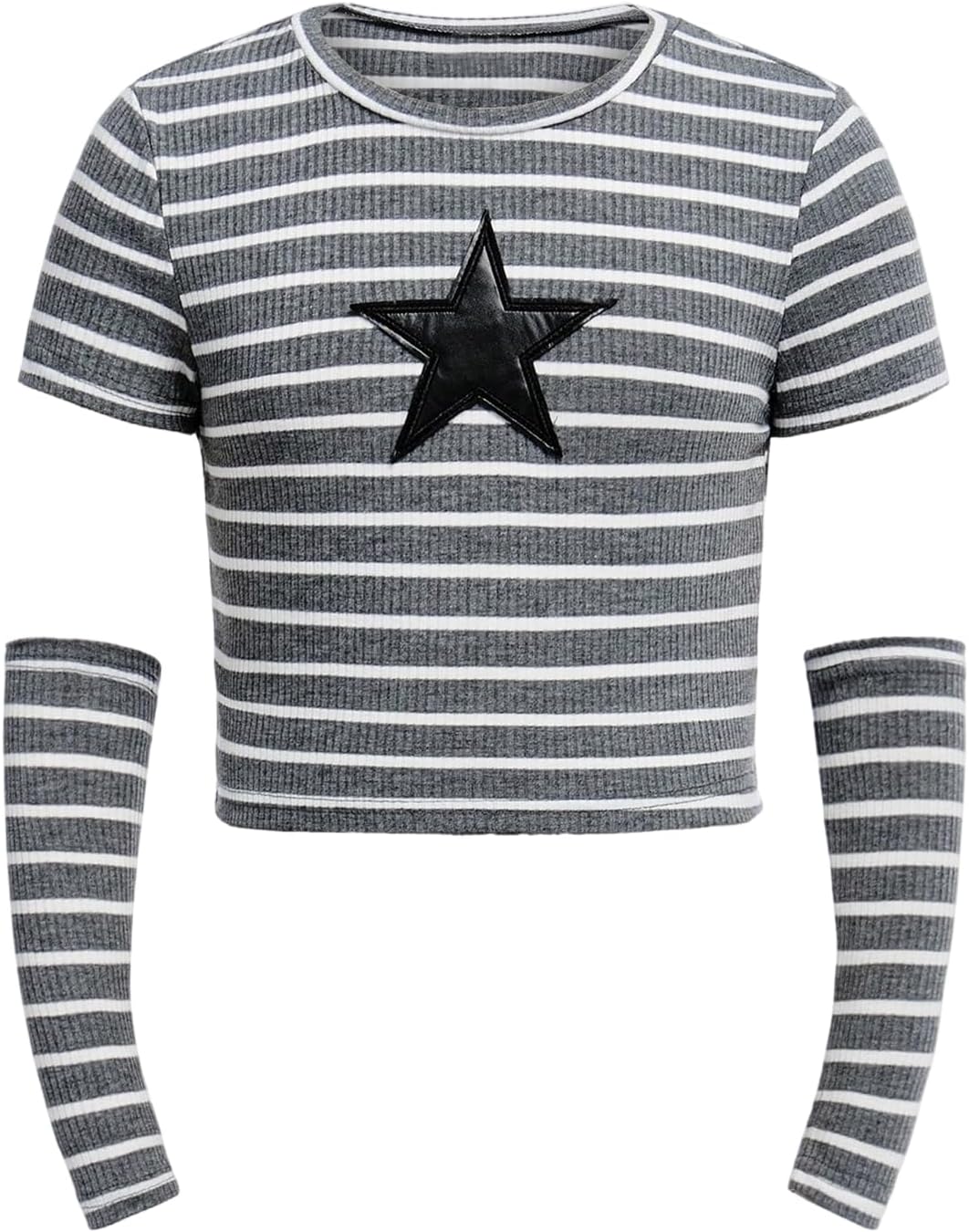 SOLY HUX Girl's Striped T Shirt Star Graphic Tees Short Sleeve Slim Fitted Y2k Summer Crop Tops with Arm Sleeves