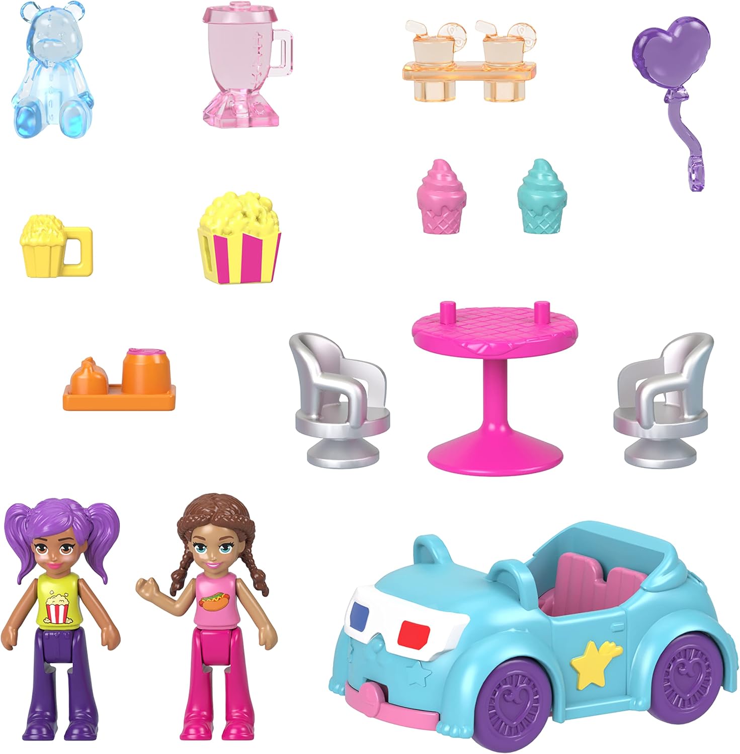 Polly Pocket Pollyville Dolls & Playset, Drive-in Movie Theater with 2 Micro Dolls, 1 Toy Car & 11 Accessories
