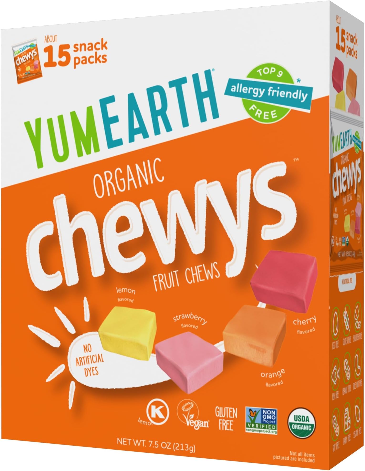 Organic Chewys Fruit Flavored Candy Chews - Allergy Friendly, Gluten Free, Non-GMO, Vegan, No Artificial Dyes - Assorted Flavors, 7.5 oz.