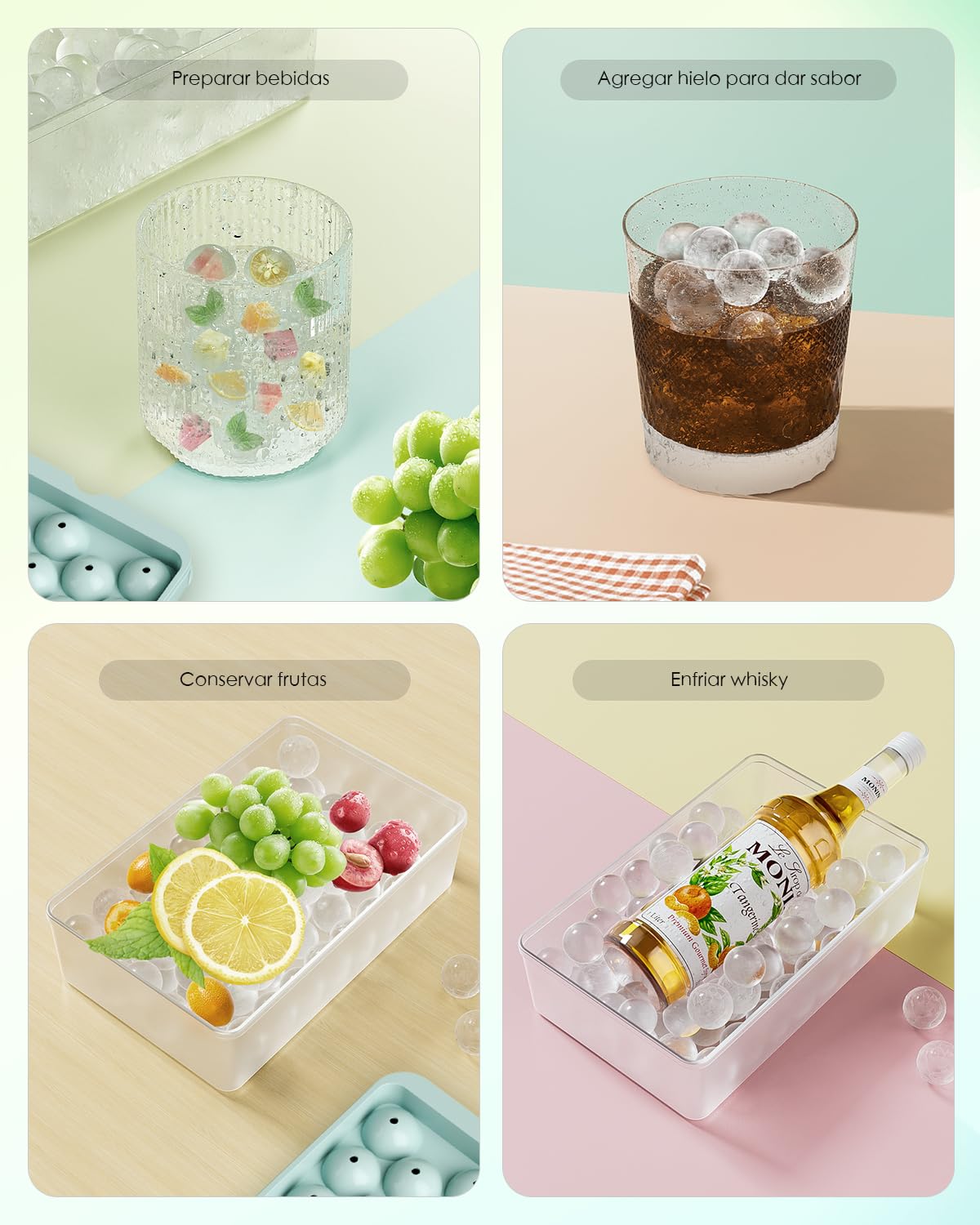 Cubiteras para Hielo Redondos con Tapa - Set de 3 Bandejas Apilables Molde Hielo Bolas para Whisky