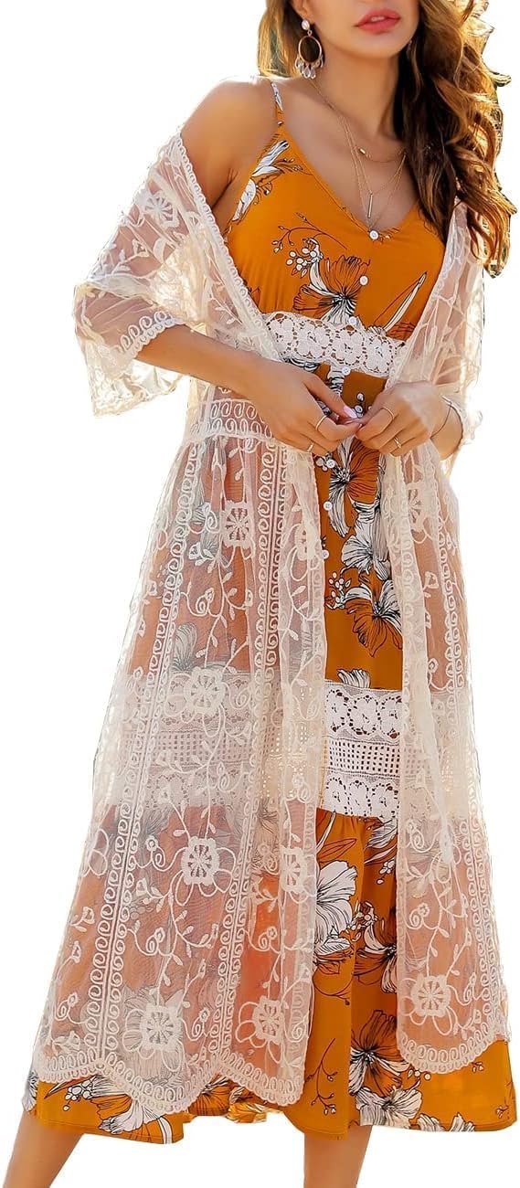 Romanstii Women's Lace Cardigan Floral Crochet Sheer Beach Cover Ups Long Kimono - Image 2