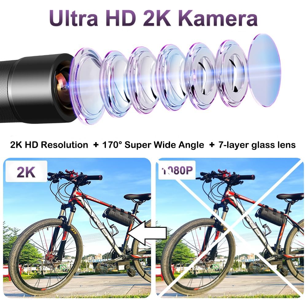 VSYSTO Fahrrad Kamera 2K Ultra High Resolution 170° Weitwinkel WDR Helm Dashcam Wasserdicht Motorrad Aktionskamera G-Sensor