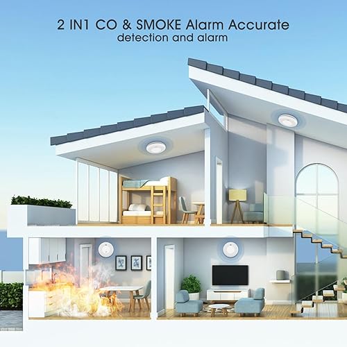 Miniatura 6 de Detector de humo y CO 2 en 1 de 10 años, botón de prueba y alarma fuerte de 85 dB, fácil instalación (paquete de 2)