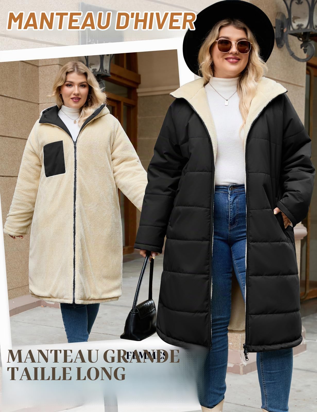 CMTOP Manteau Femme Hiver Long Grande Taille Doublure en Polaire Chaud Manteaux à Capuche, Peluche Épaisse Thermique Veste Blouson Coupe-Vent Parka Oversize Outcoat avec Poches