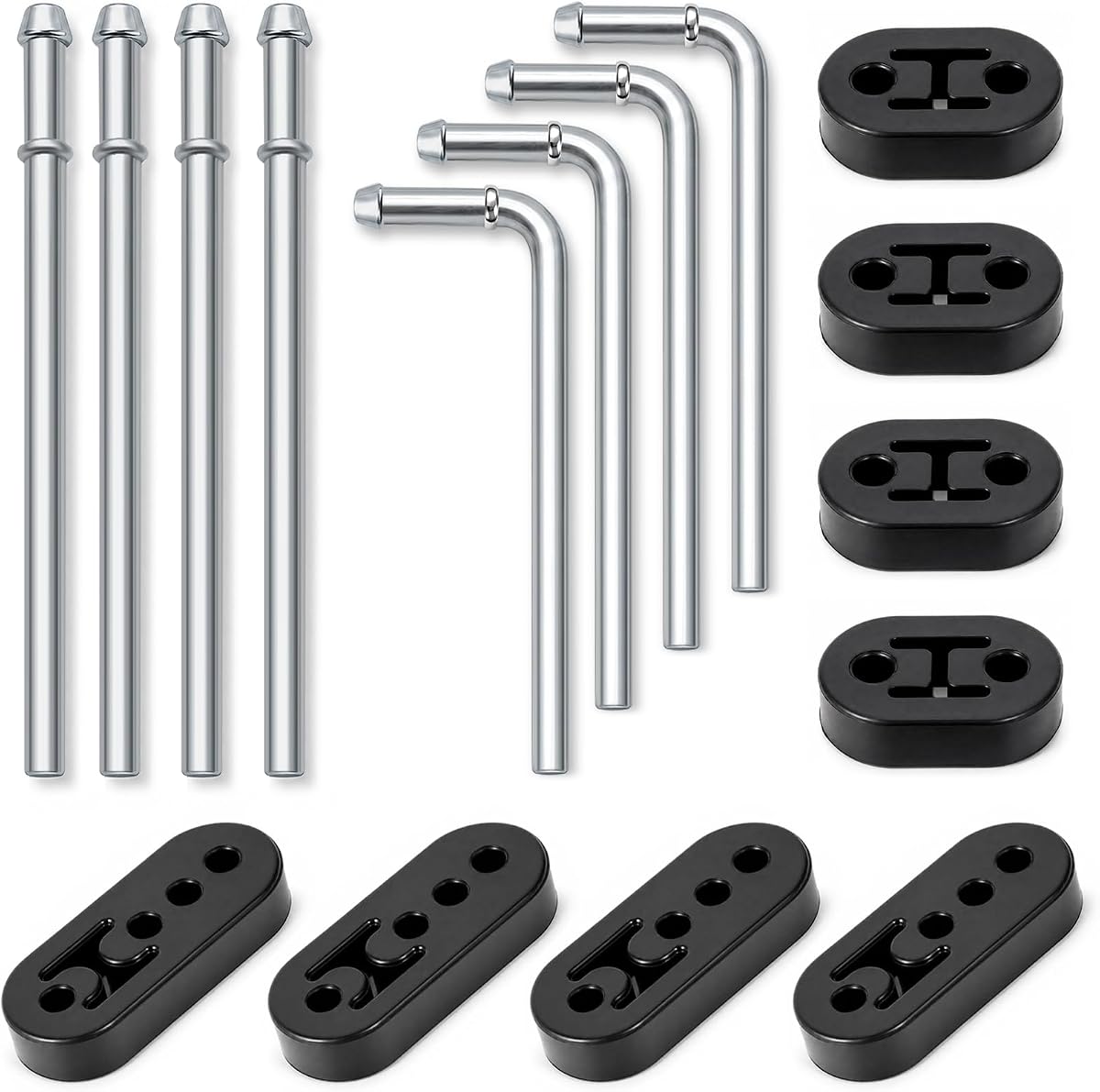 16PCS Exhaust Hanger Kit, 12mm Diameter Carbon Steel Rods & Rubber Hangers | For Exhaust Repair, Replacement & Custom Fabrication, Provides a Secure Fit to Help Reduce Movement and Support Mufflers