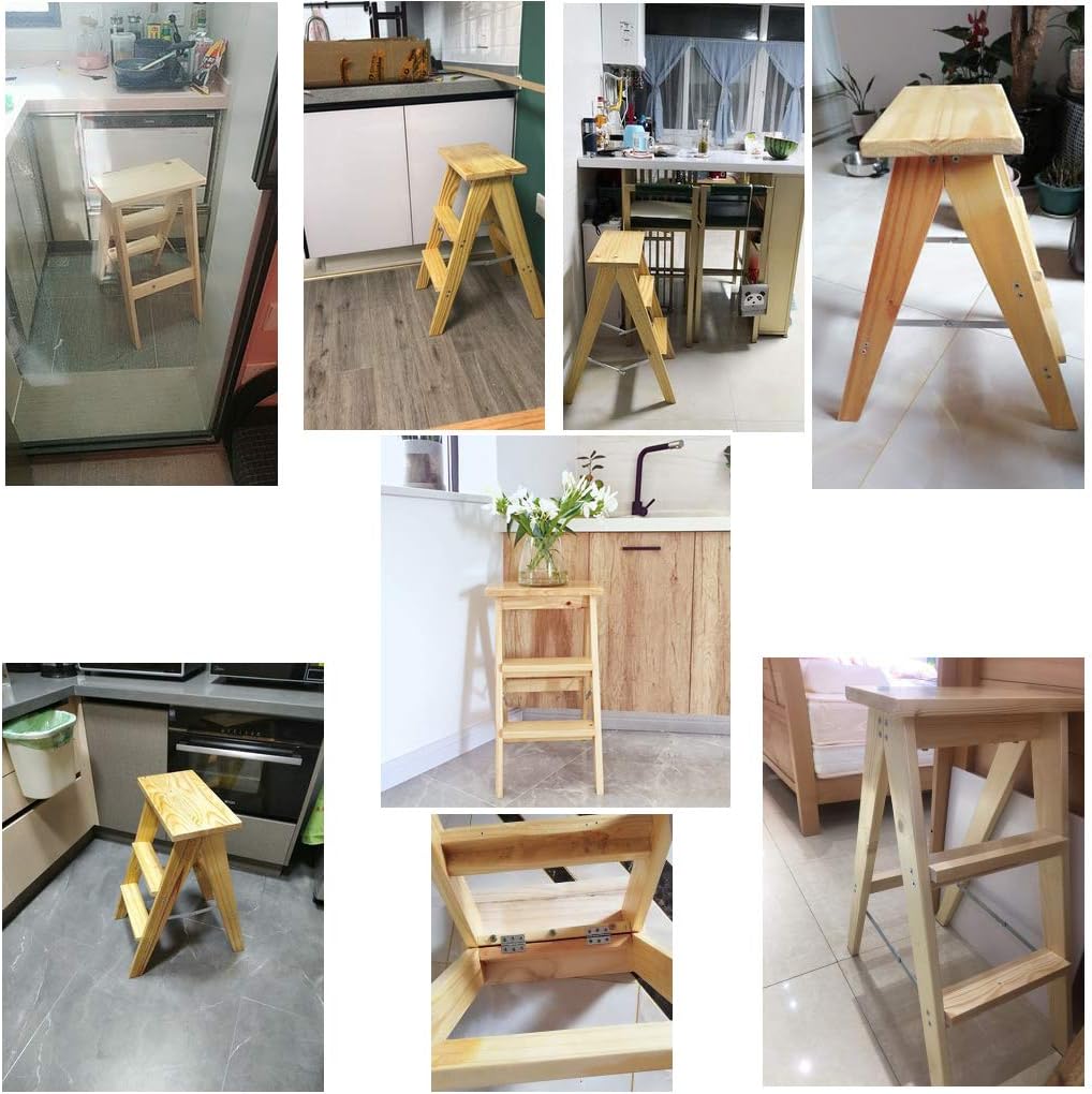 Kitchen Stair Chair 2-Tread Step Ladder Folding Library Steps Ladder Stool, Wood Ladder Safety Stepladder Height 50Cm Max. 200Kg