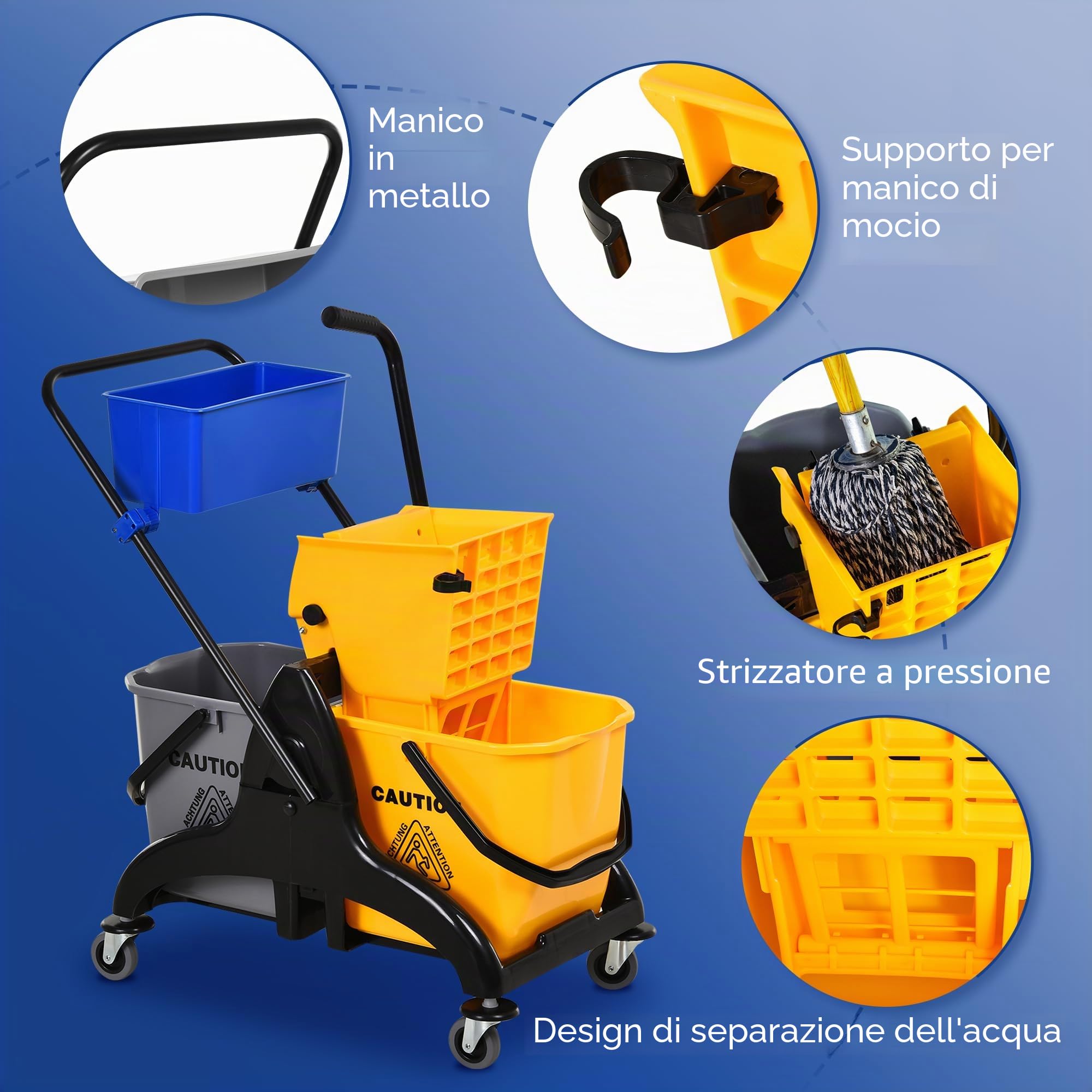 HOMCOM Carrello secchio per mocio con strizzatore, doppio secchio, 2x26L