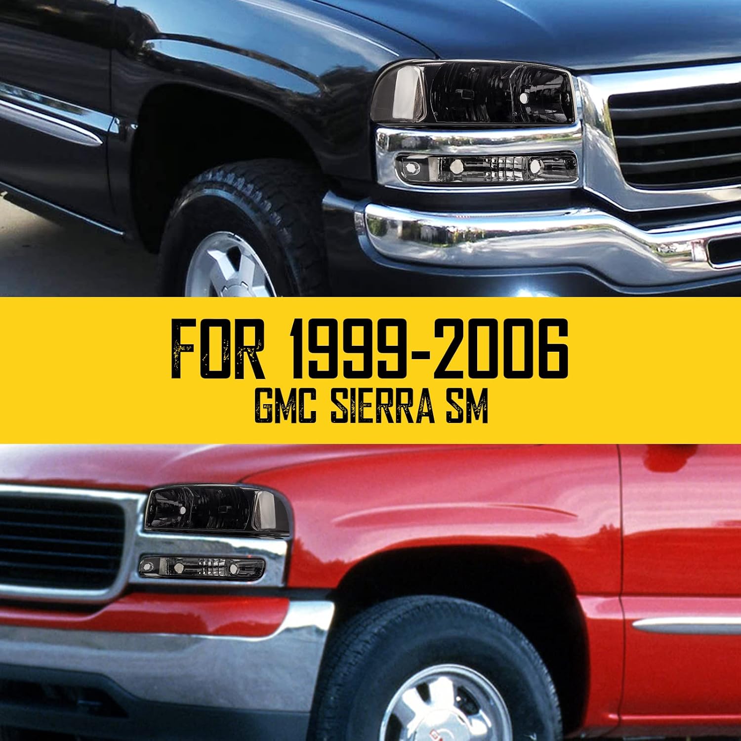 KAC Headlight Assembly Set, Chrome Housing, Compatible with 99-06 Sierra 1500, 00-06 Yukon/Yukon XL 1500, 07 Sierra 1500 Classic, Clear Reflector Smoke Lens, Left & Right, OEM (GM2503188,GM2502188)