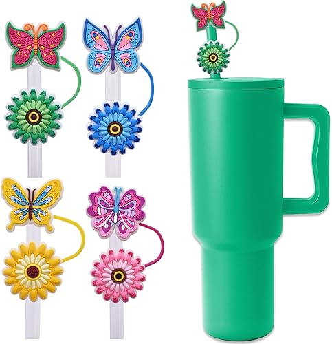 Miniatura 20 de Tapones de paja de sirena, 4 unidades, color rosa intenso, tapas para pajitas Stanley, cubierta de pajitas de silicona para popotes de 0.394 in