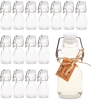 15 Pack Mini Flip Top Glass Bottles with Stoppers, Kraft Tags and Jute Twine, 2 oz Swing Top Bottles for Wedding Themed Pa...