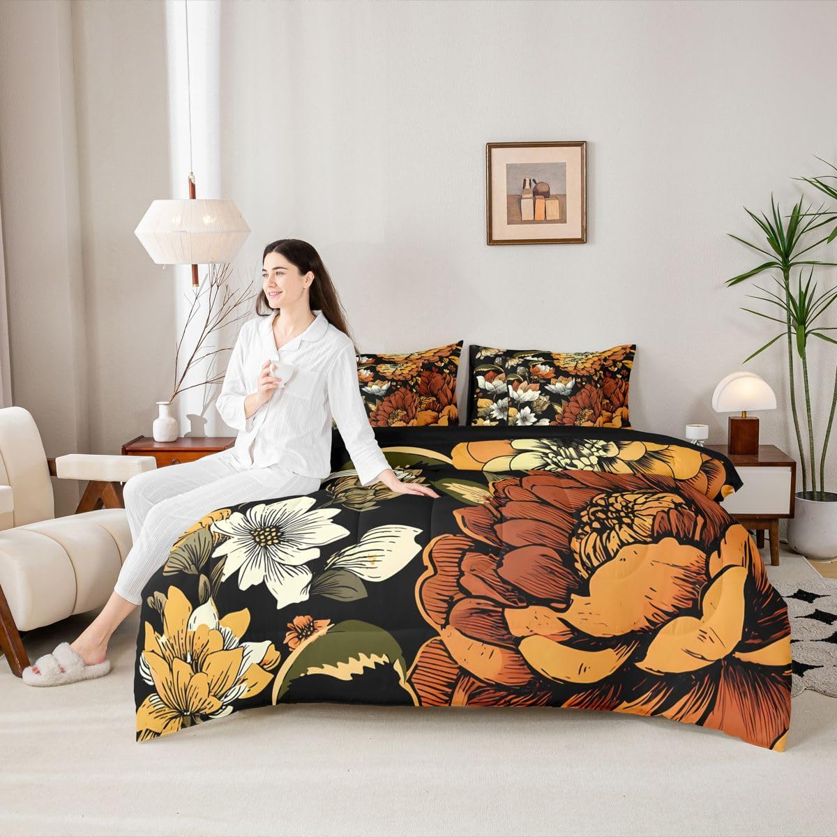 Erosebridal Boho Floral Bed in A Bag 7 Pcs Bohemian Flower Botanical Comforter Set for Kids Girls Rustic Farmhouse Floral Bedding Sets Full Abstract Mid Century Flowers Sheet Set with Comforter