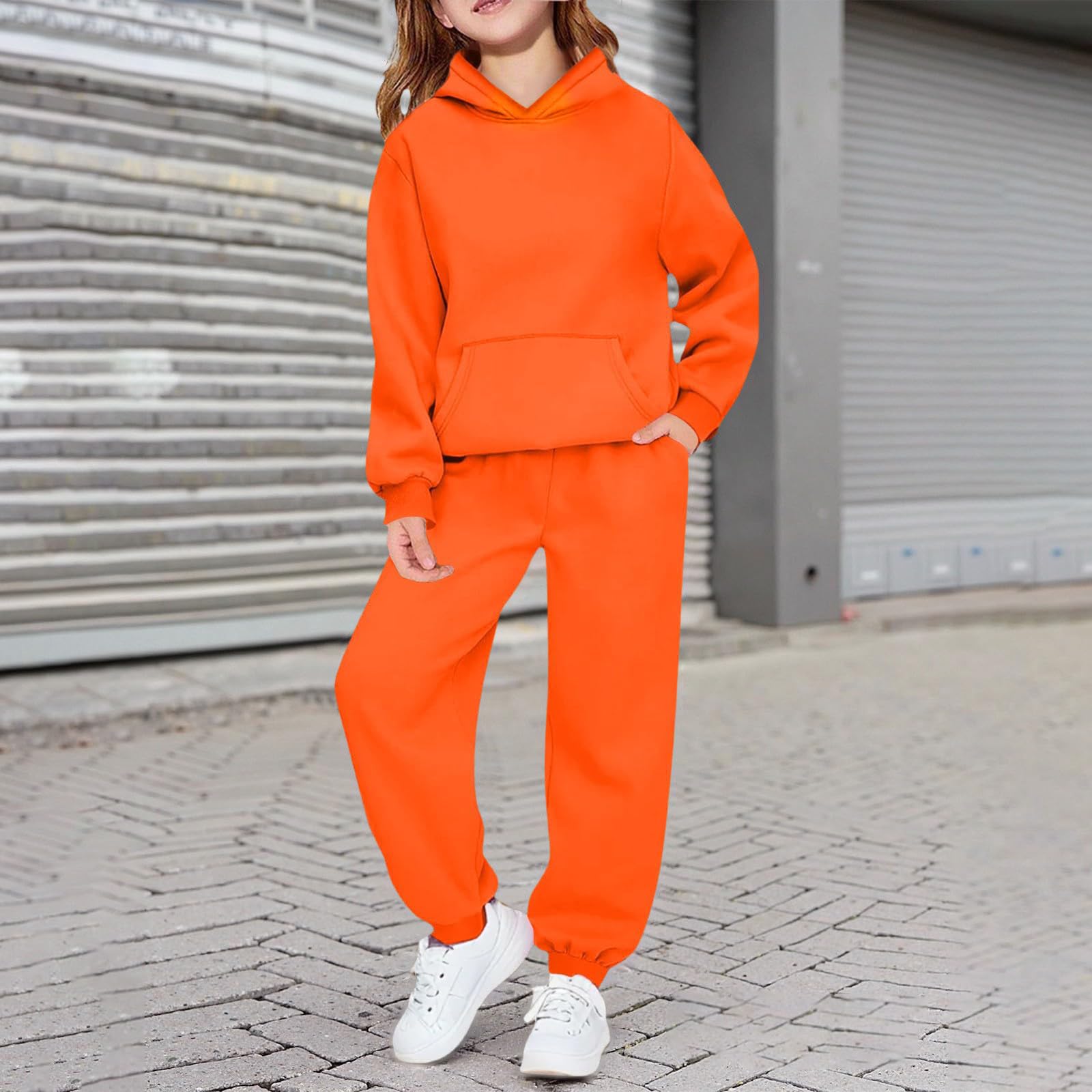 Generisch Jogginganzug Mädchen Kinder Trainingsanzug Einfarbig Sportstyle Activewear Winter Sportanzug mit Tasche Y2K Hip Hop Baggy Outfit apuzenpullover und Jogginghose Sportkleidung