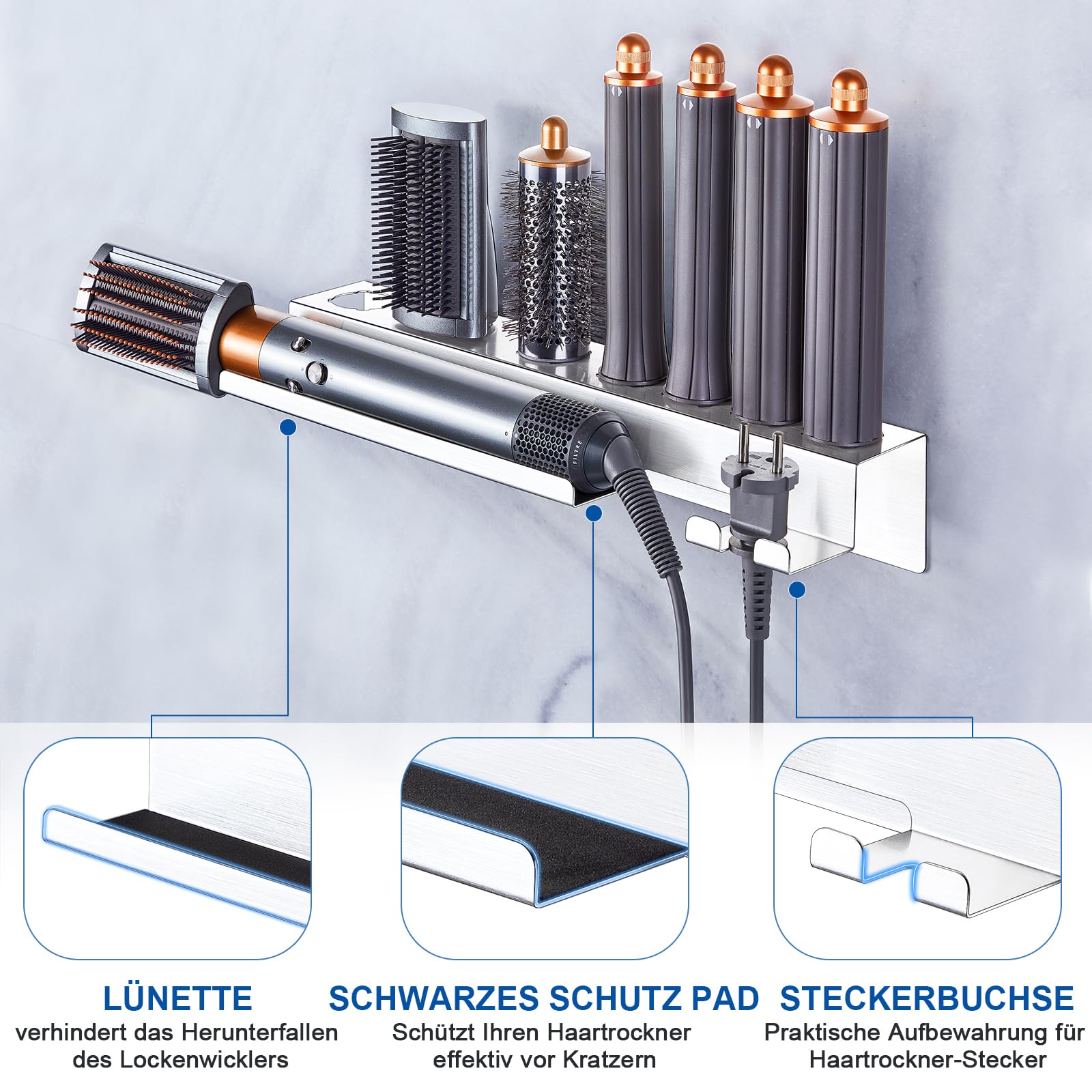 Fönhalter Ohne Bohren, Edelstahl Föhn und Glätteisen Wand Halterung, 7 In 1 Lockenstab Zubehör Wandhalterung Halterung für Haus Bad Veranstalter (Silber)