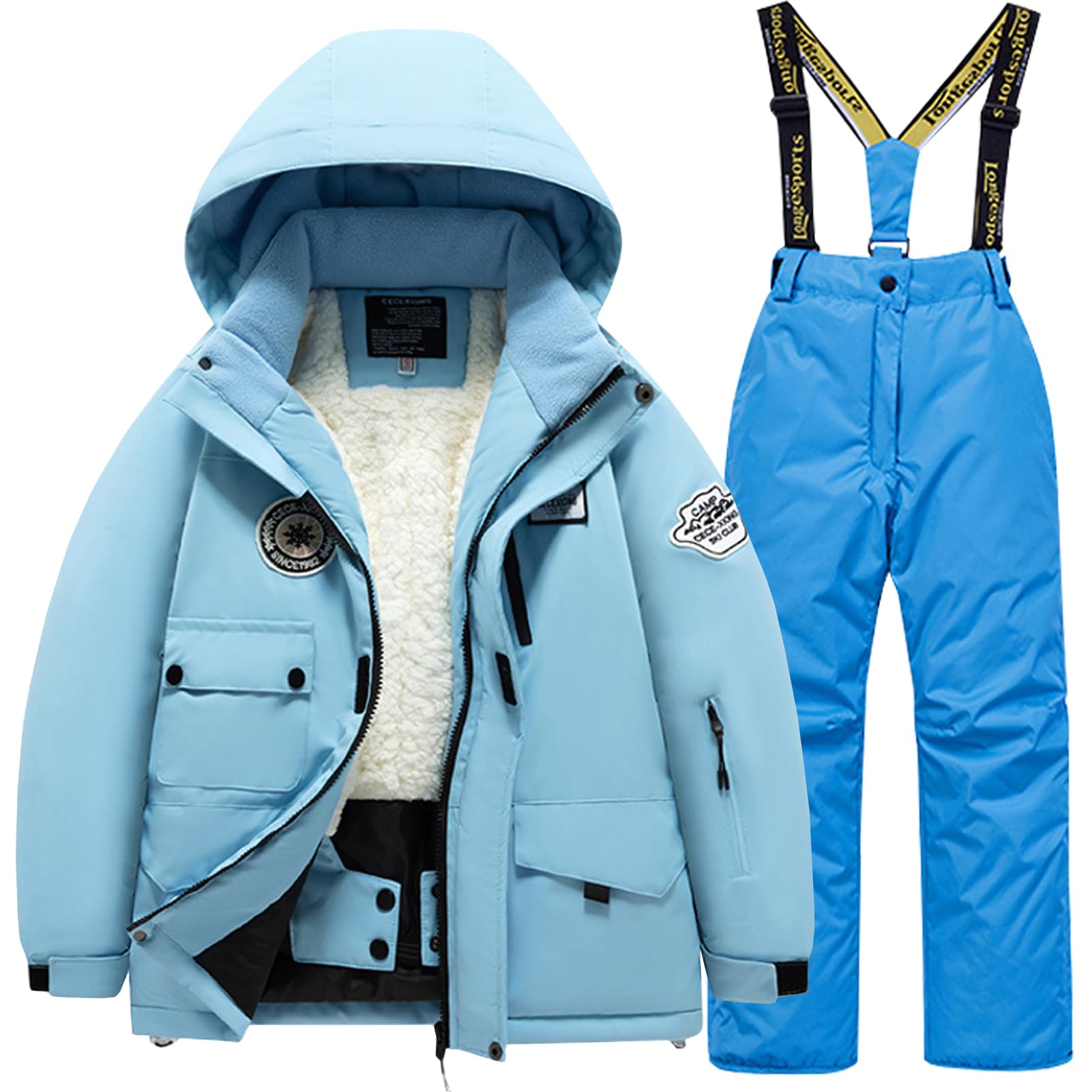 Enfant Unisexe Combinaison de Ski Ensemble 2pcs Veste à Capuche + Salopette Combinaison de Neige Garçon Fille Snowsuit