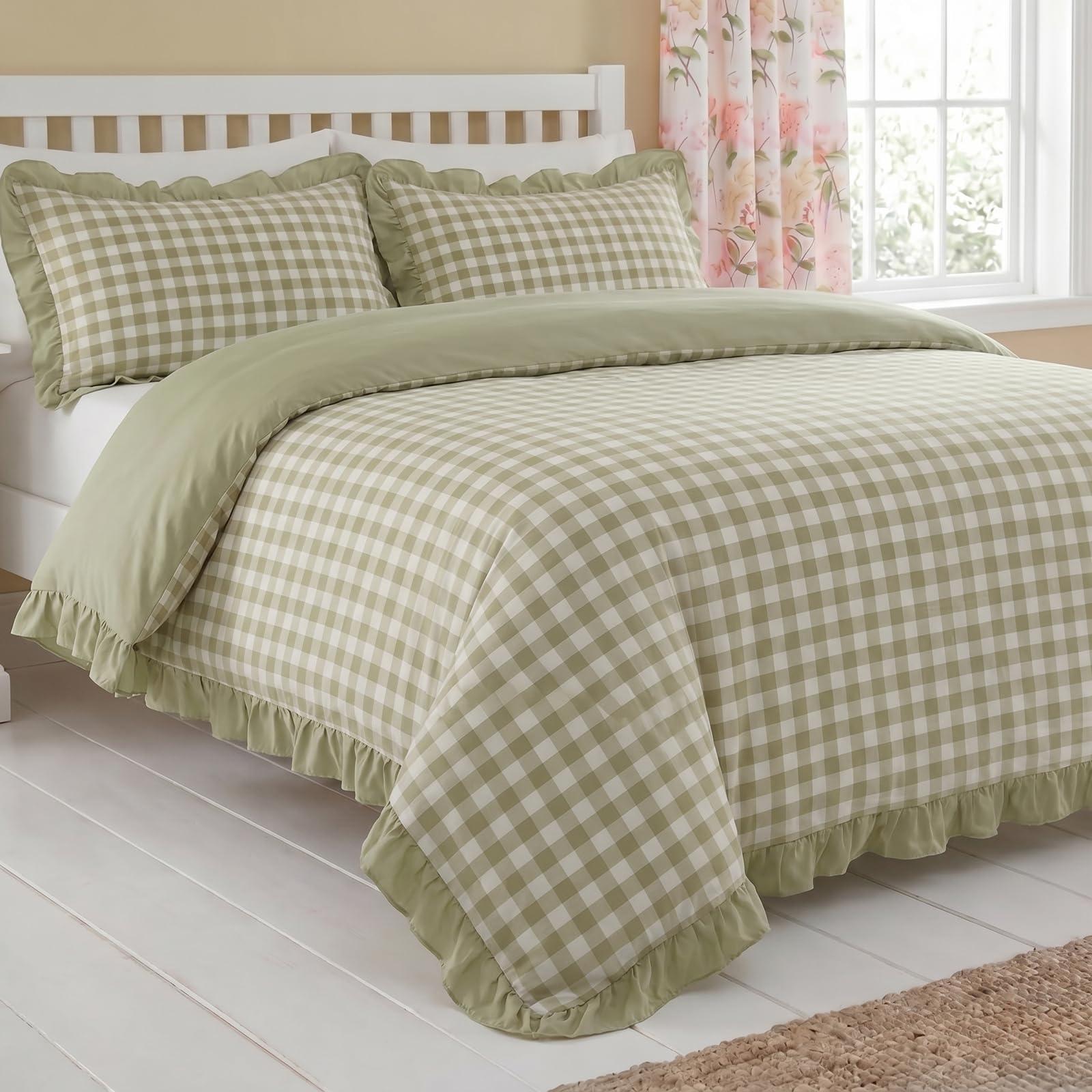 Herside Green Plaid Duvet Cover Set King 3pcs Ruffled Bedding Sets Checkered Grid Printed Soft Microfibre Bedding Set Cottage Quilt Cover with Zipper Closure & Corner Ties