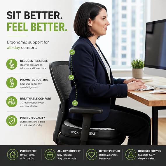 Socket Seat Cushion for Sit Bone, Ischial Tuberosity & Tailbone Pressure Relief Ischial Bursitis, Hamstring & Piriformis Support Firm Memory Foam Seat Cushion for Office Chair & Car