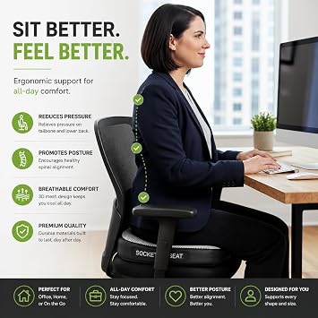 Socket Seat Cushion for Sit Bone, Ischial Tuberosity & Tailbone Pressure Relief Ischial Bursitis, Hamstring & Piriformis Support Firm Memory Foam Seat Cushion for Office Chair & Car