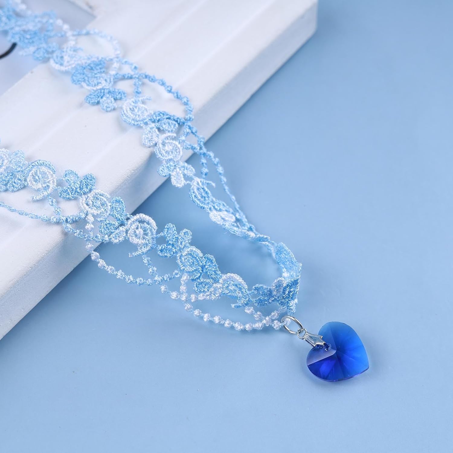 Boho Lace Choker Necklace Sapphire Heart Pendant Necklace Blue Short Lace Necklace Hollow Lace Flower Collar Necklace Jewelry for Women - Image 4