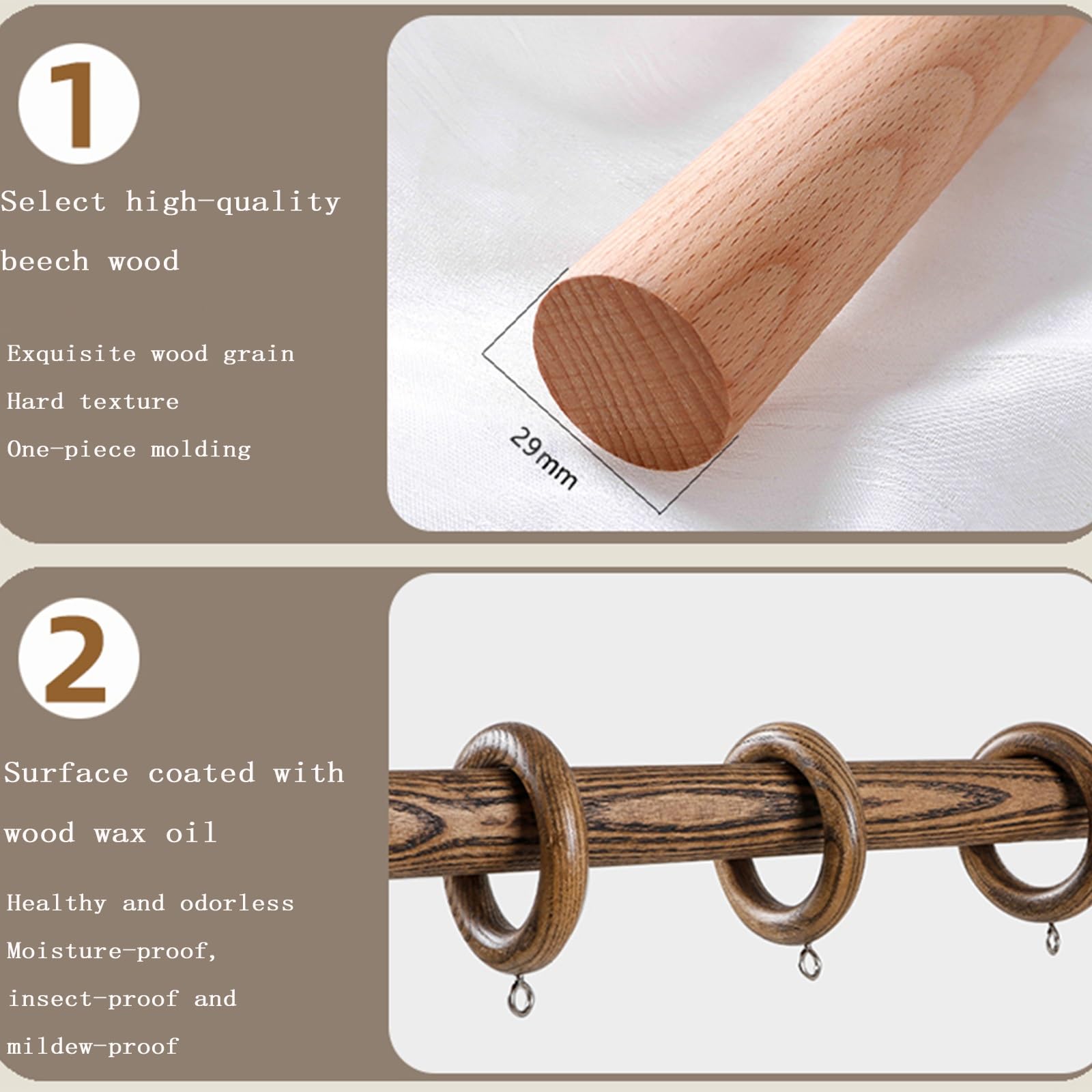 Ensemble de tringle à rideaux en hêtre massif de qualité supérieure – 300 cm en bois naturel avec supports et crochets, style romain élégant pour salon et chambre à coucher, décoration d'intérieur