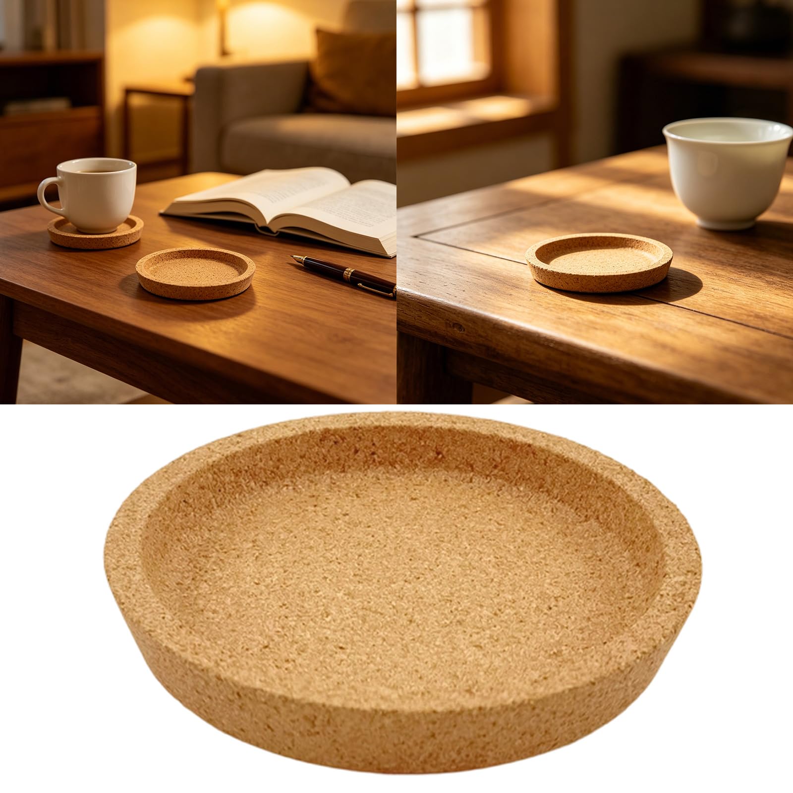 Sottobicchieri rotondi in sughero con bordo rialzato, per bevande assorbenti, tavolino da caffè, tavolo da pranzo, sottobicchieri da scrivania da ufficio